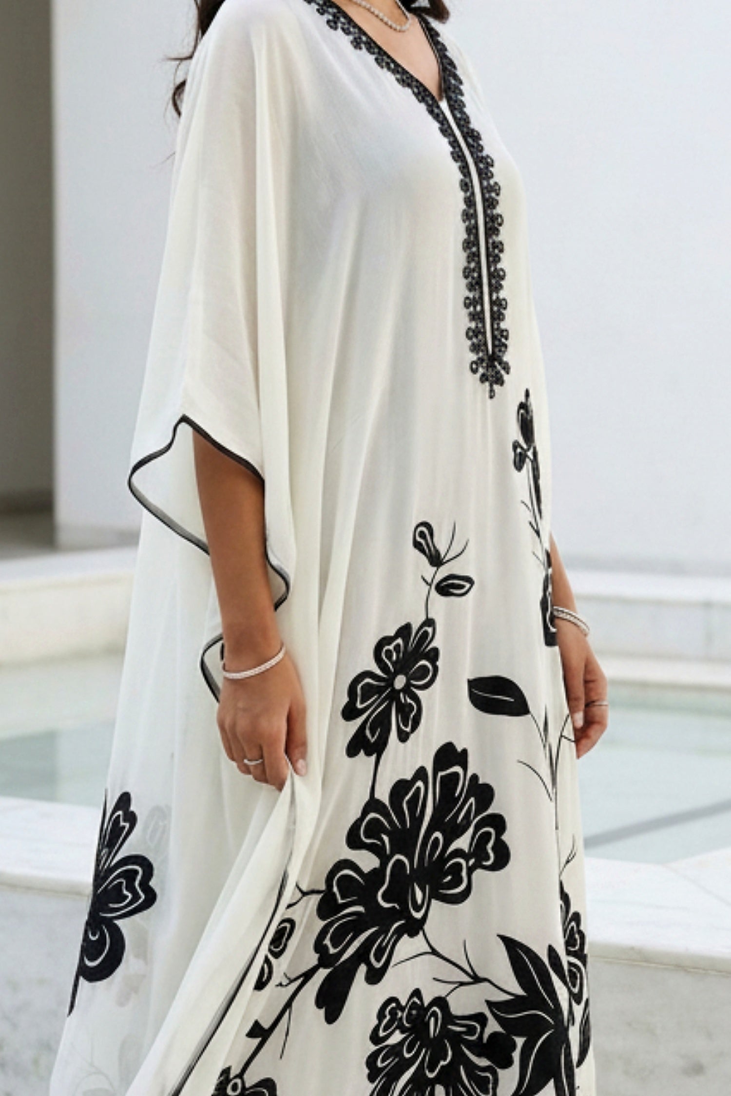 Elegant Grey Kaftan with Black Floral Pattern