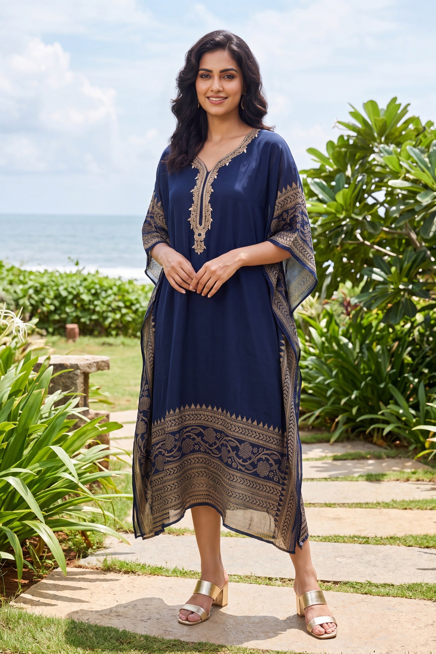 GOLD HAND EMBROIDERY DIGITALPRINT BORDER  NAVY BLUE KAFTAN