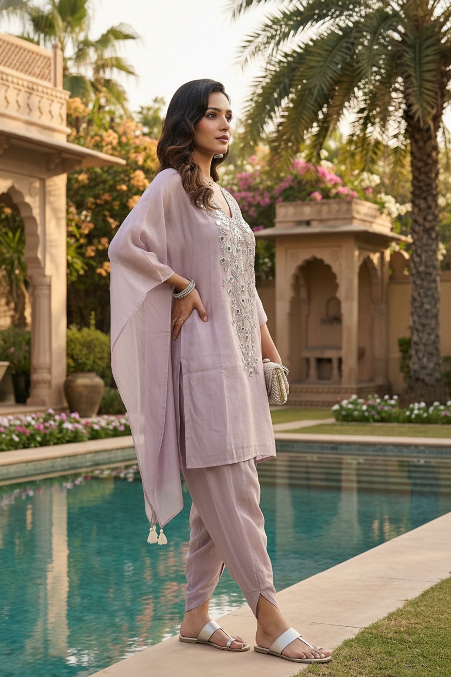 Lilac Satin Kaftan Co-ord Set with Dhoti Pants
