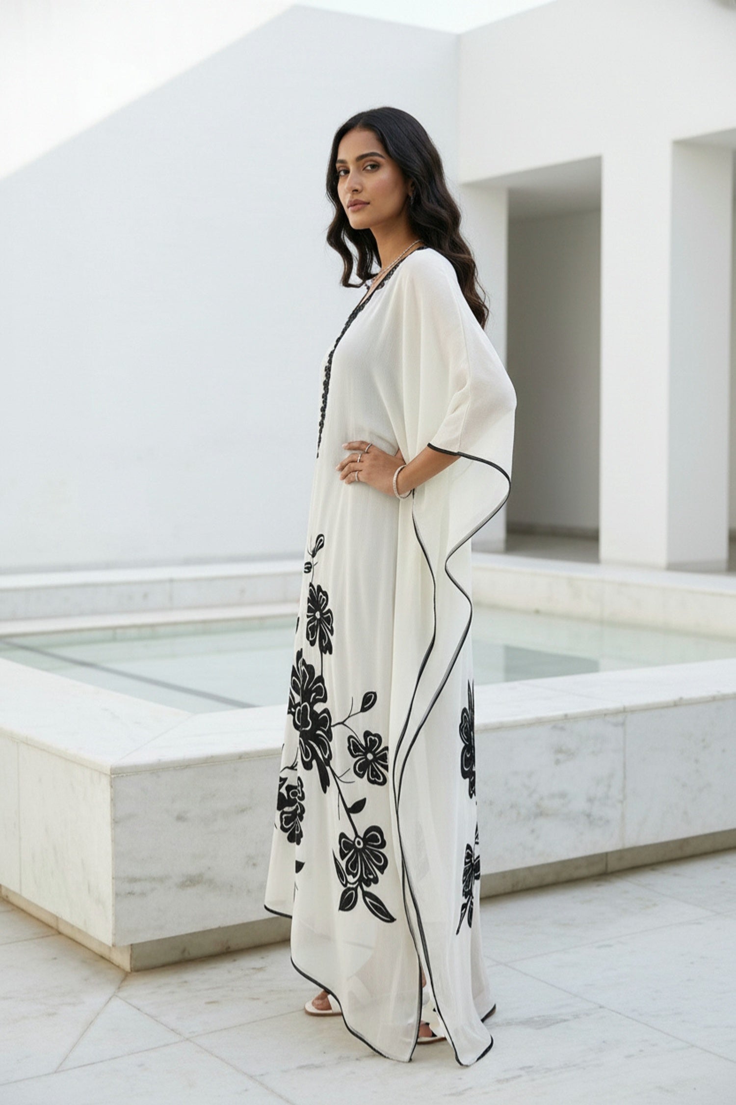 Elegant Grey Kaftan with Black Floral Pattern