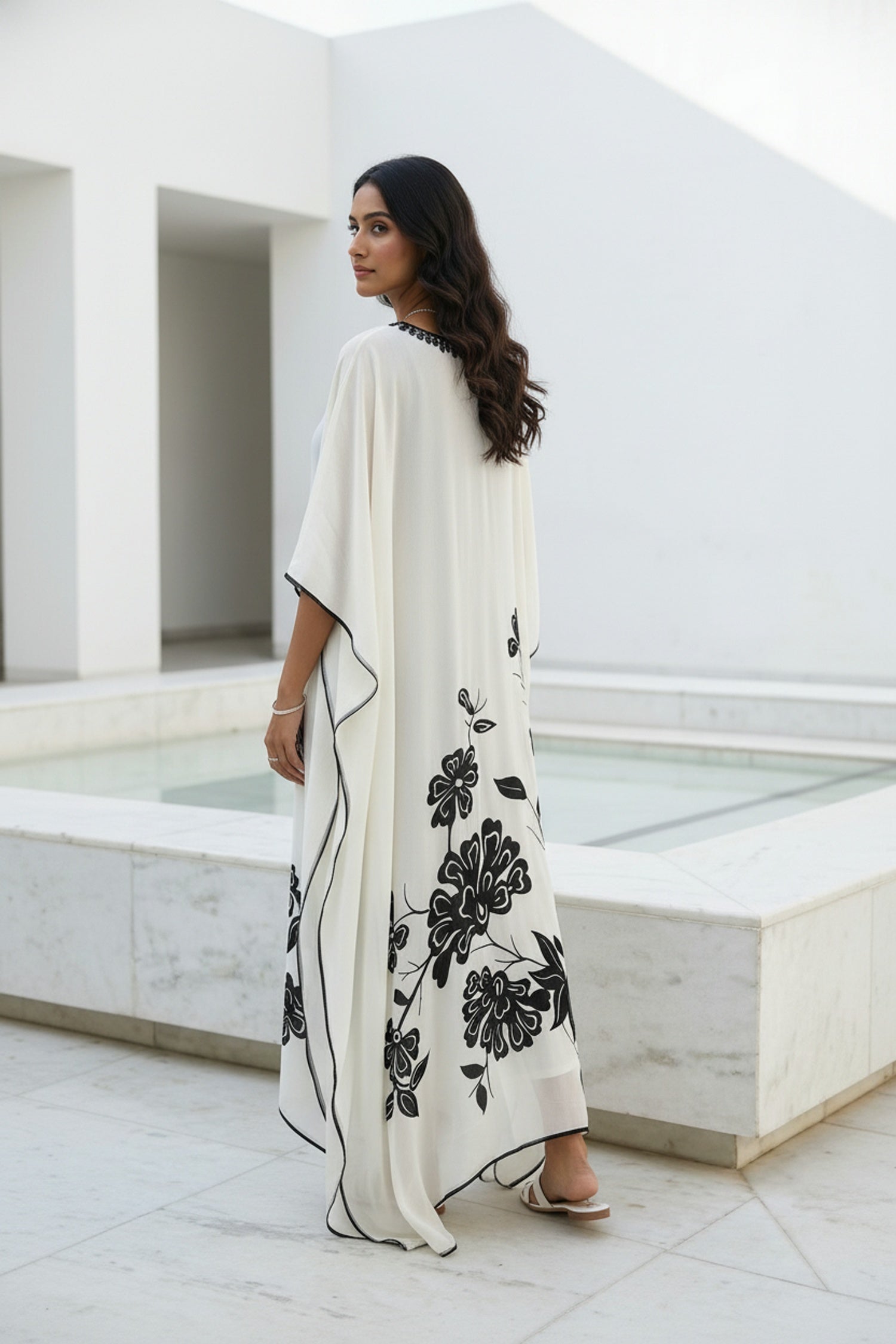 Elegant Grey Kaftan with Black Floral Pattern