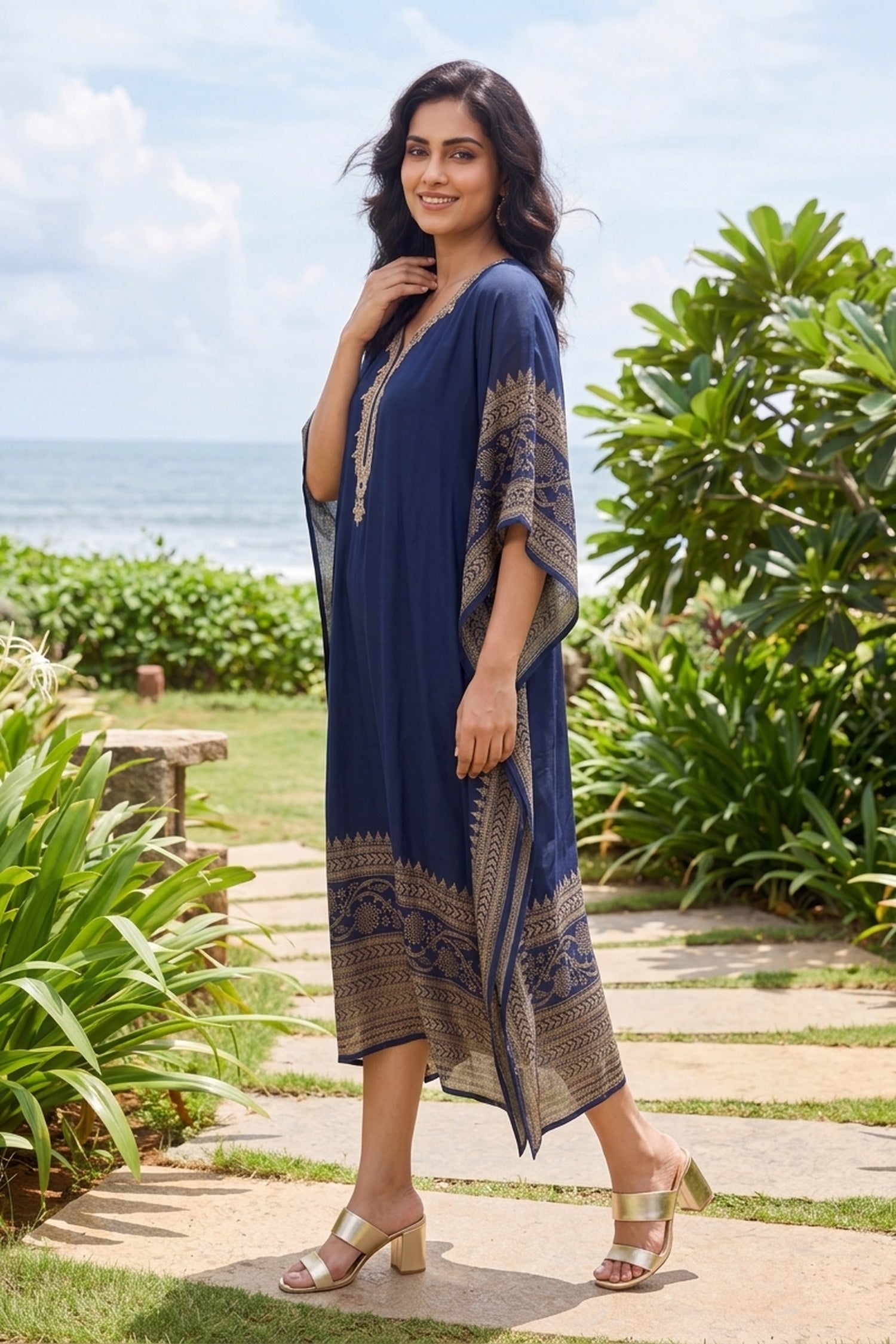 GOLD HAND EMBROIDERY DIGITALPRINT BORDER  NAVY BLUE KAFTAN
