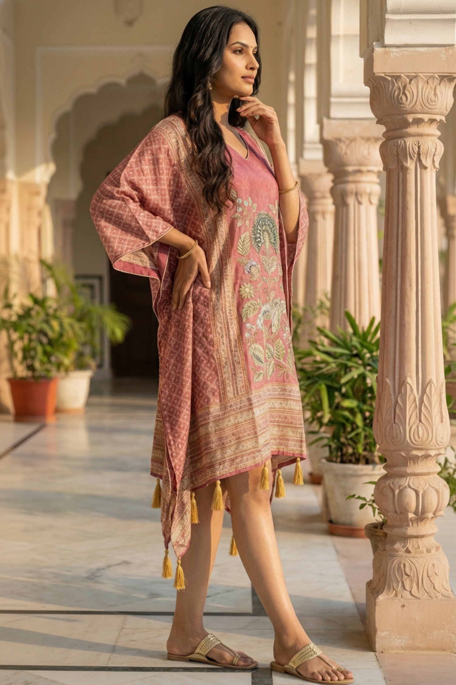 Burgundy Printed Viscose Short Kaftan