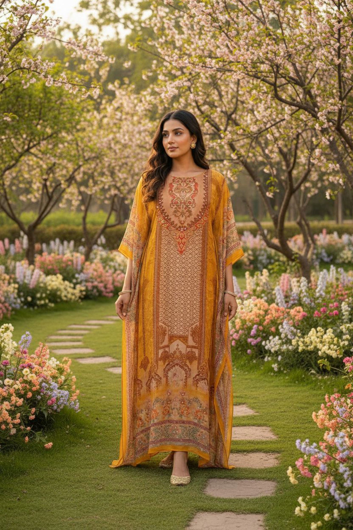 Golden Grace Long Printed Kaftan