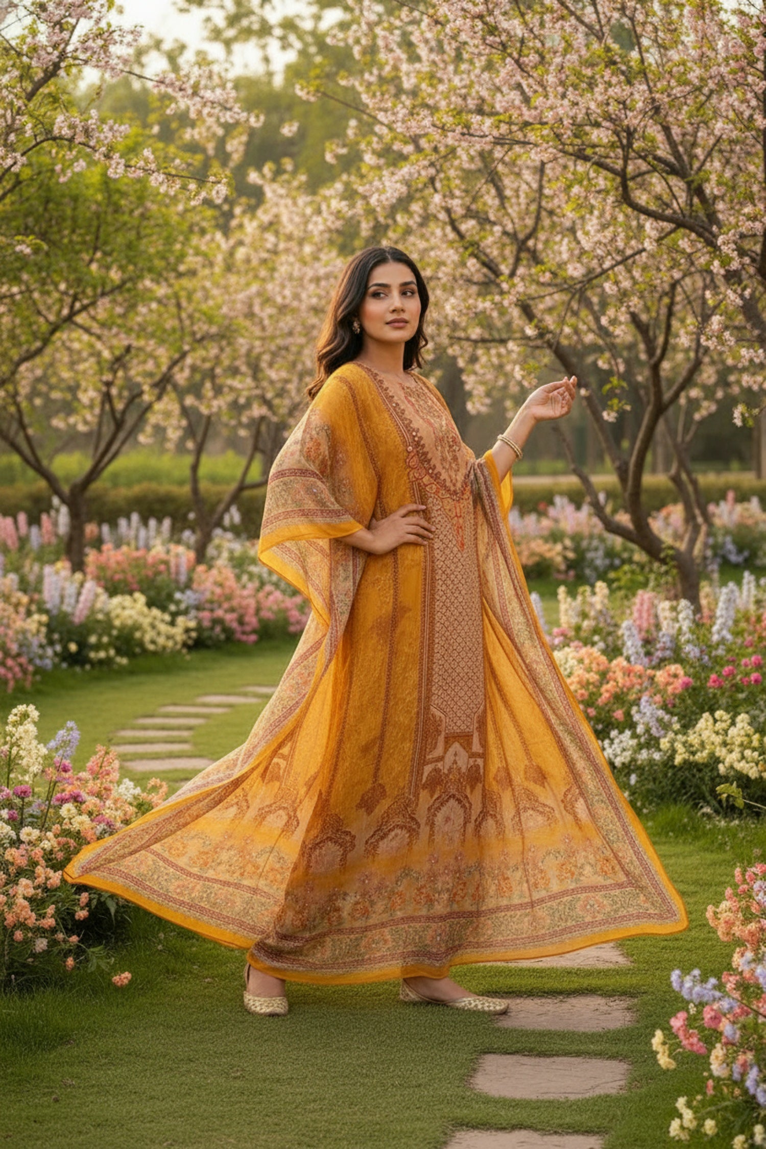 Golden Grace Long Printed Kaftan