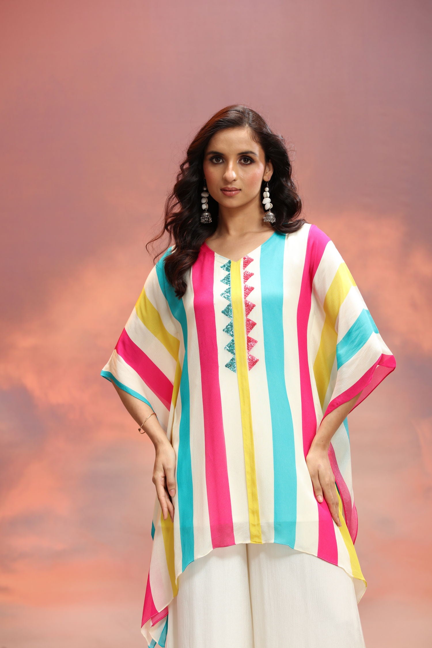 Viscose Charm Multicolor Embroidered Kaftan Cord Set