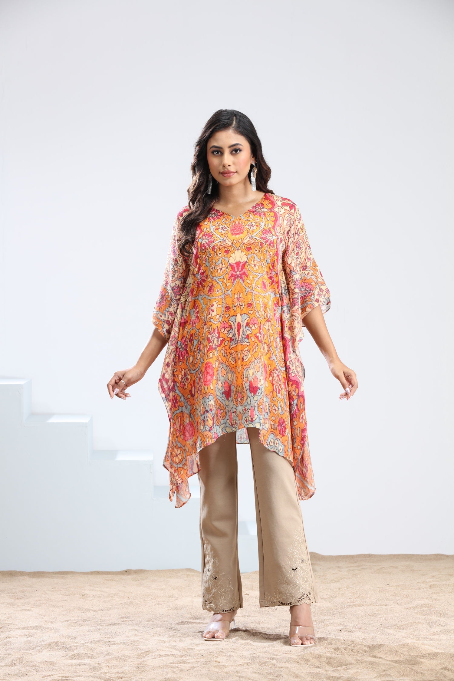 Orange Short Kaftan for Women - Stylish Floral Design Kaftan Top