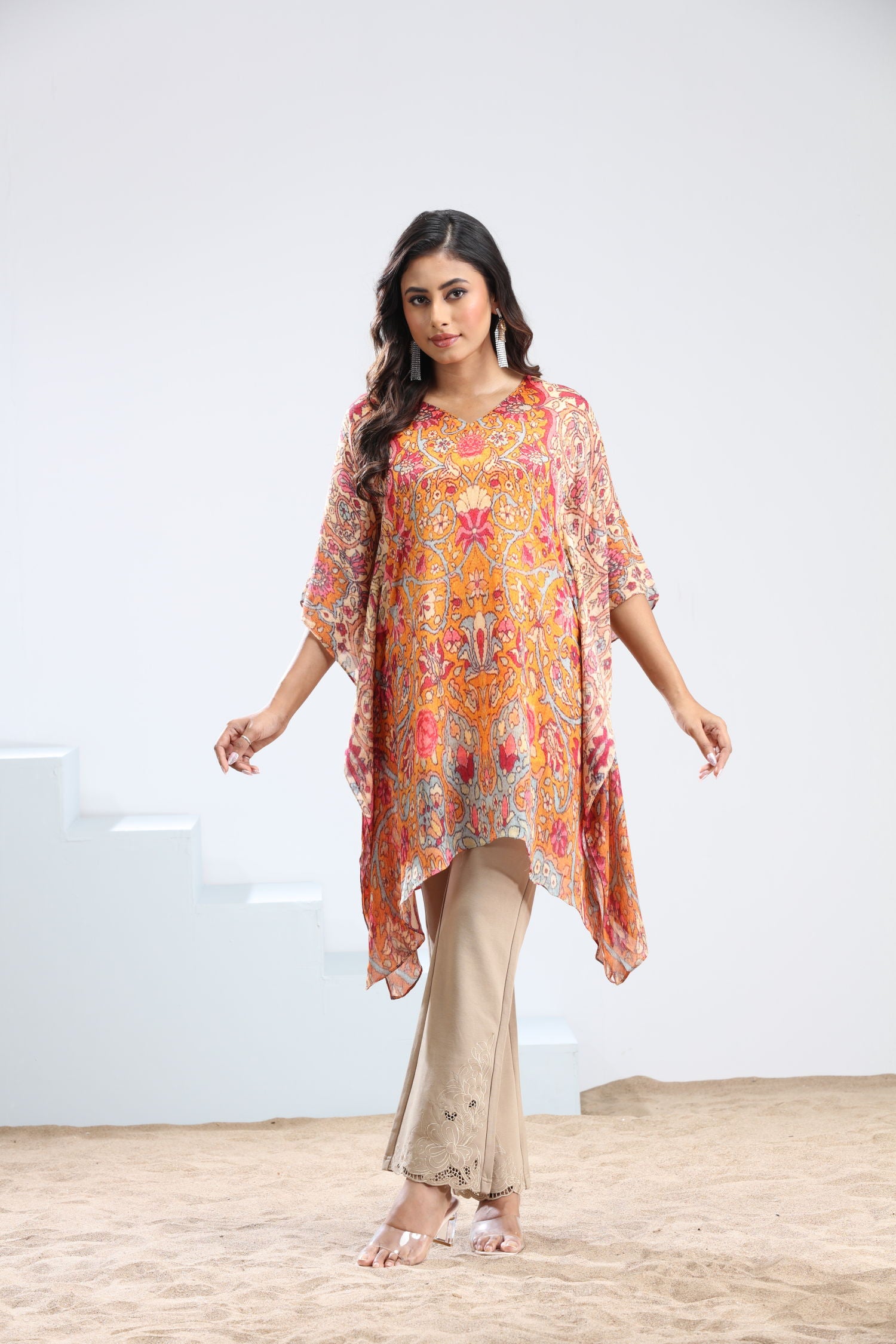 Orange Short Kaftan for Women - Stylish Floral Design Kaftan Top