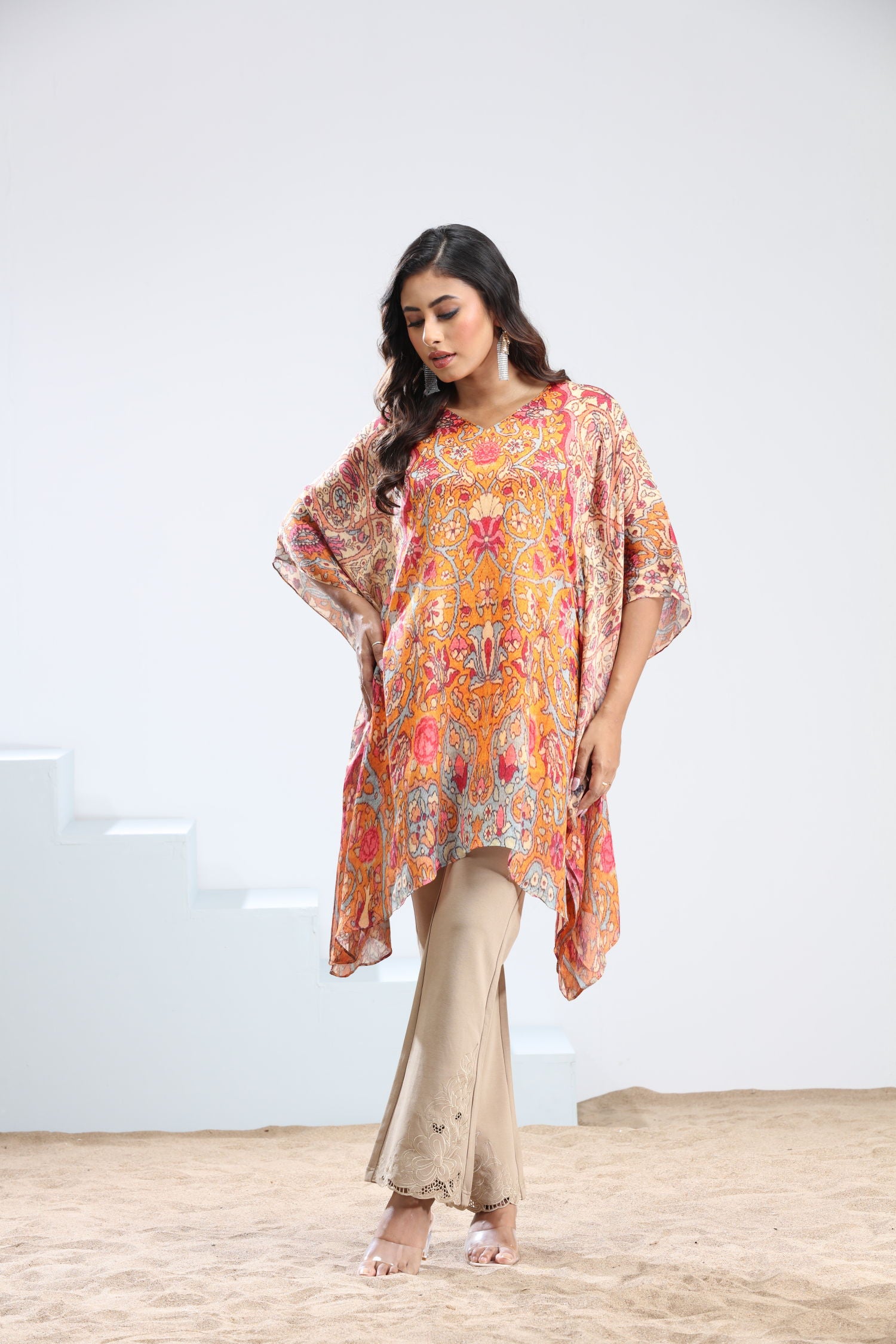 Orange Short Kaftan for Women - Stylish Floral Design Kaftan Top