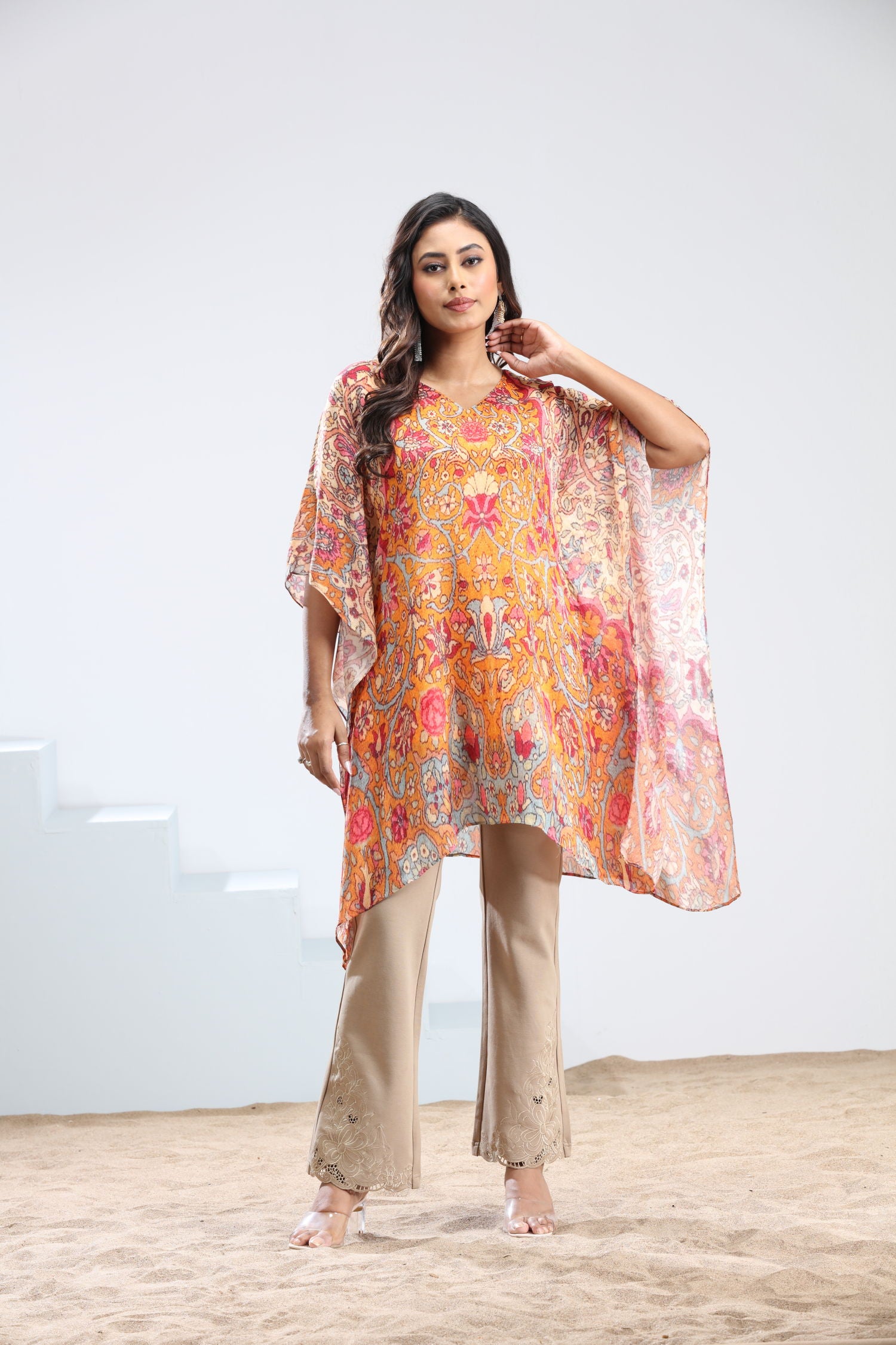Orange Short Kaftan for Women - Stylish Floral Design Kaftan Top