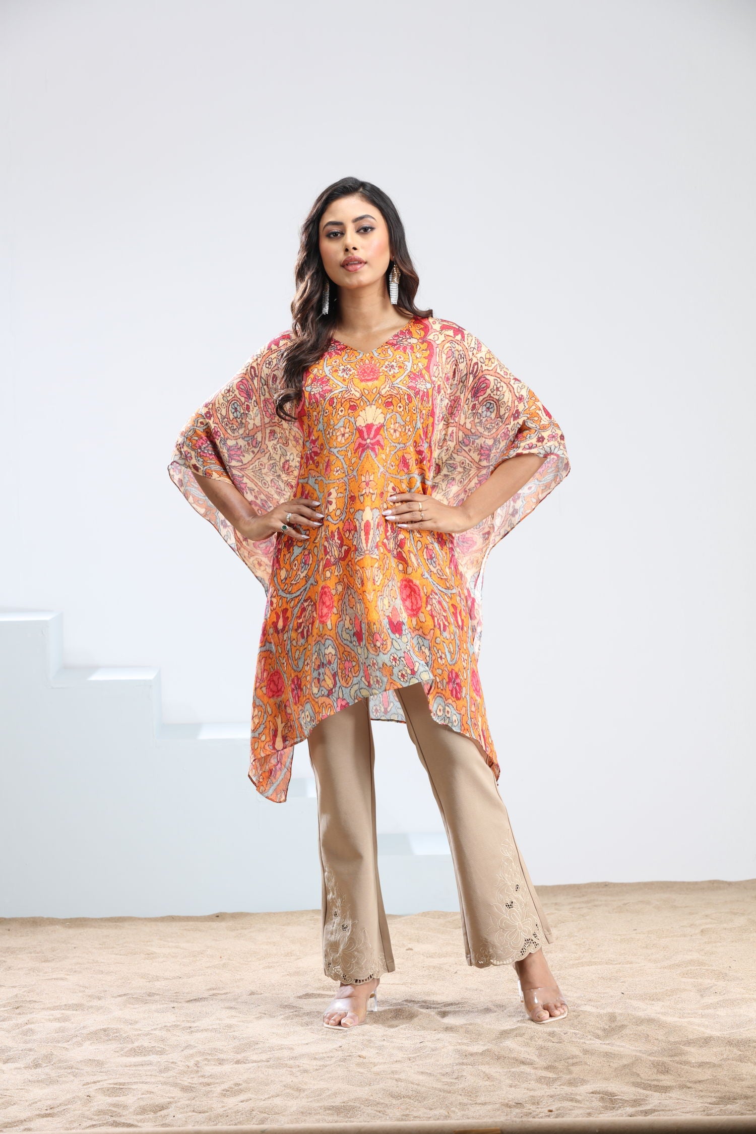 Orange Short Kaftan for Women - Stylish Floral Design Kaftan Top