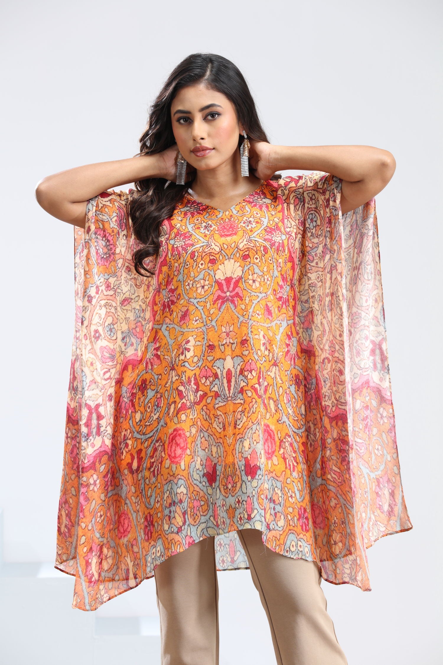 Orange Short Kaftan for Women - Stylish Floral Design Kaftan Top