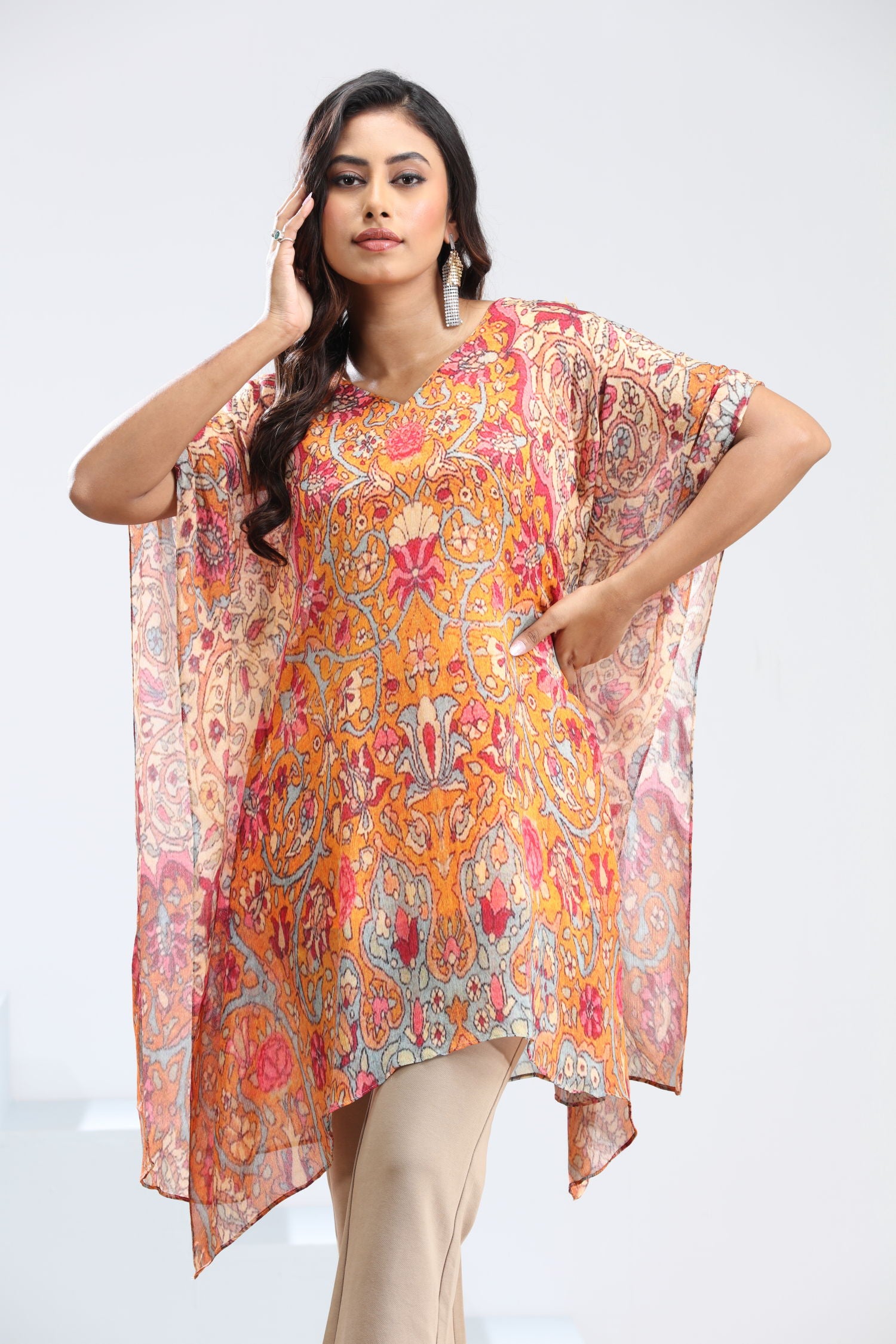 Orange Short Kaftan for Women - Stylish Floral Design Kaftan Top