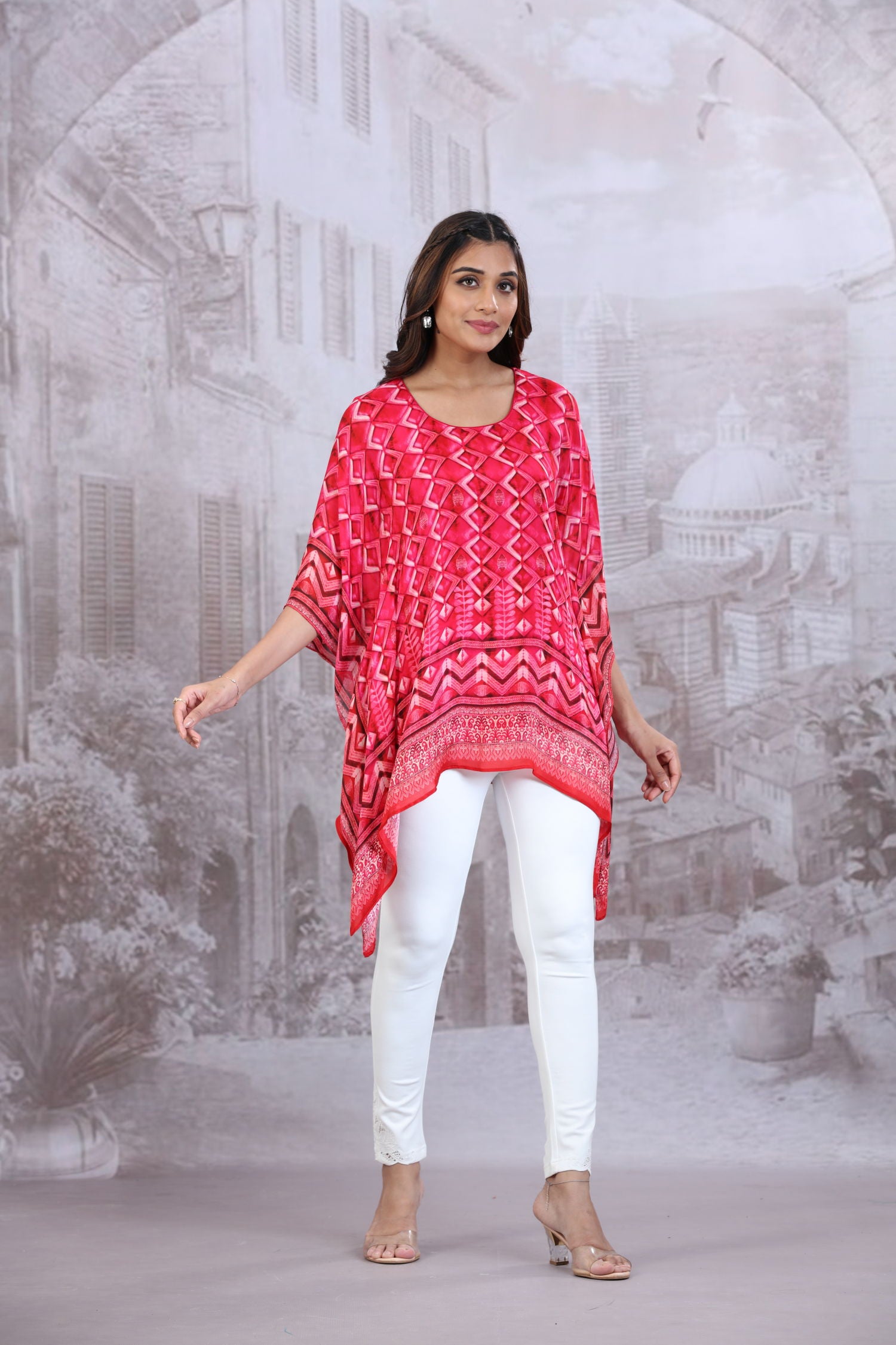 Pink Short Kaftan With Round Neck