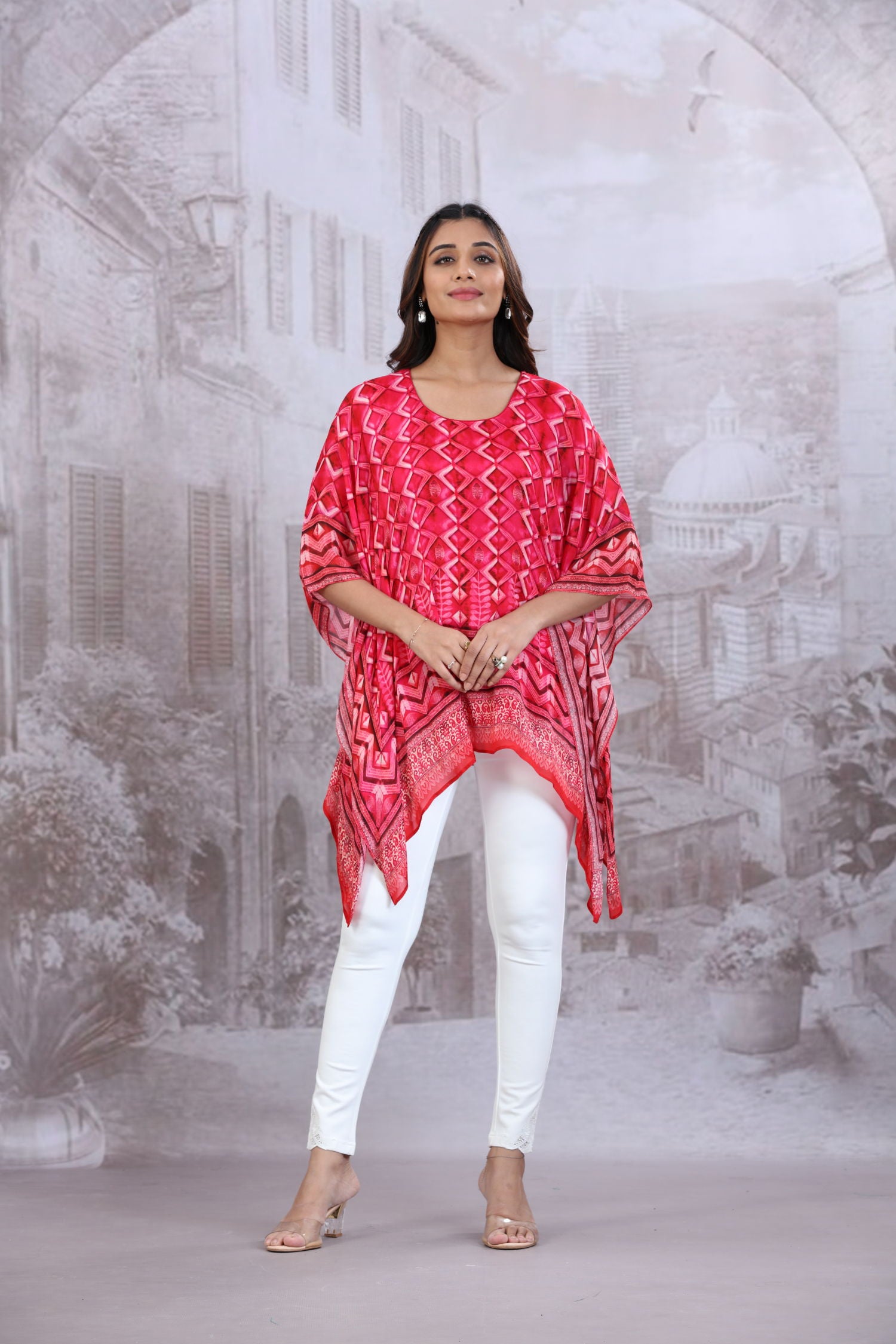 Pink Short Kaftan With Round Neck