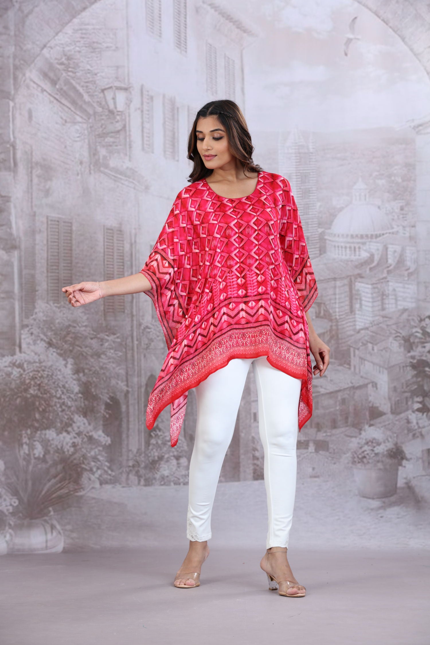 Pink Short Kaftan With Round Neck