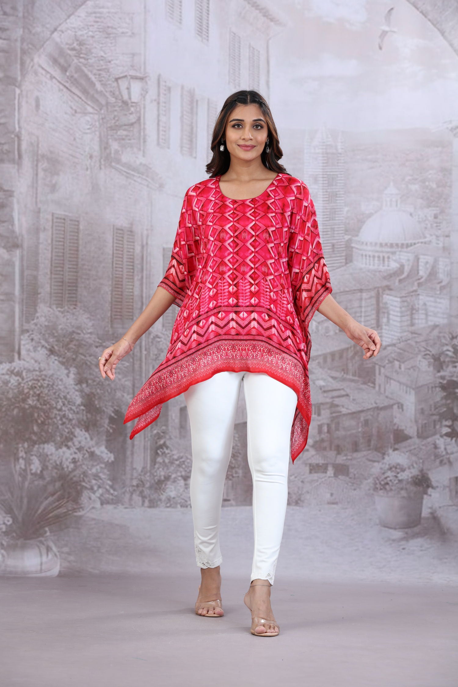 Pink Short Kaftan With Round Neck