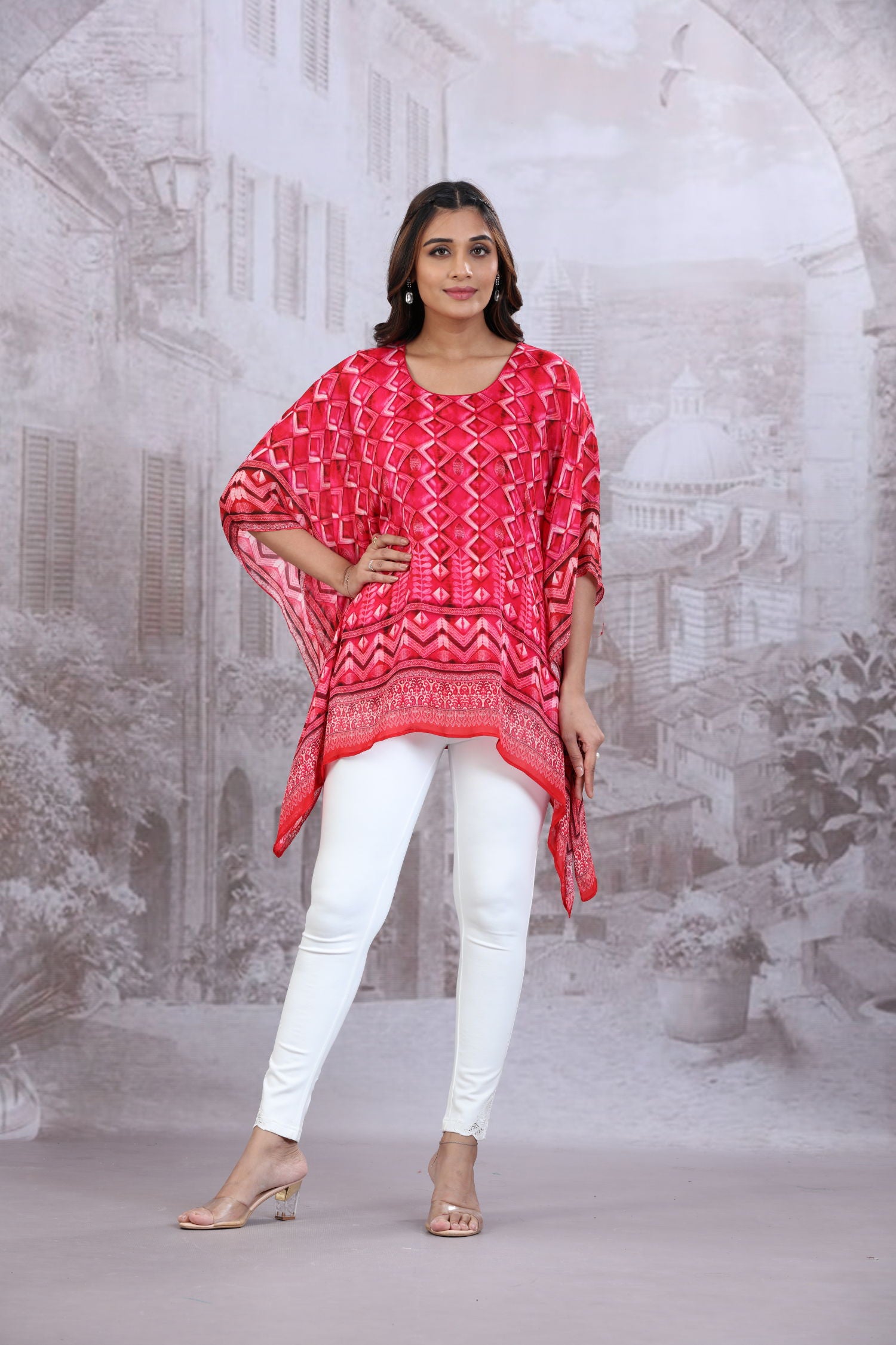 Pink Short Kaftan With Round Neck