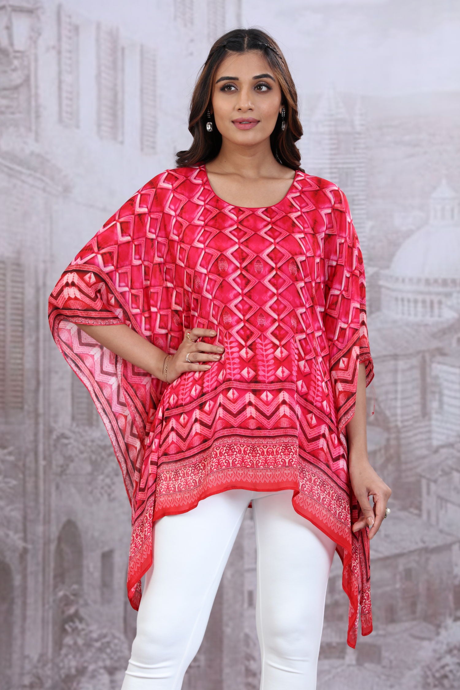 Pink Short Kaftan With Round Neck