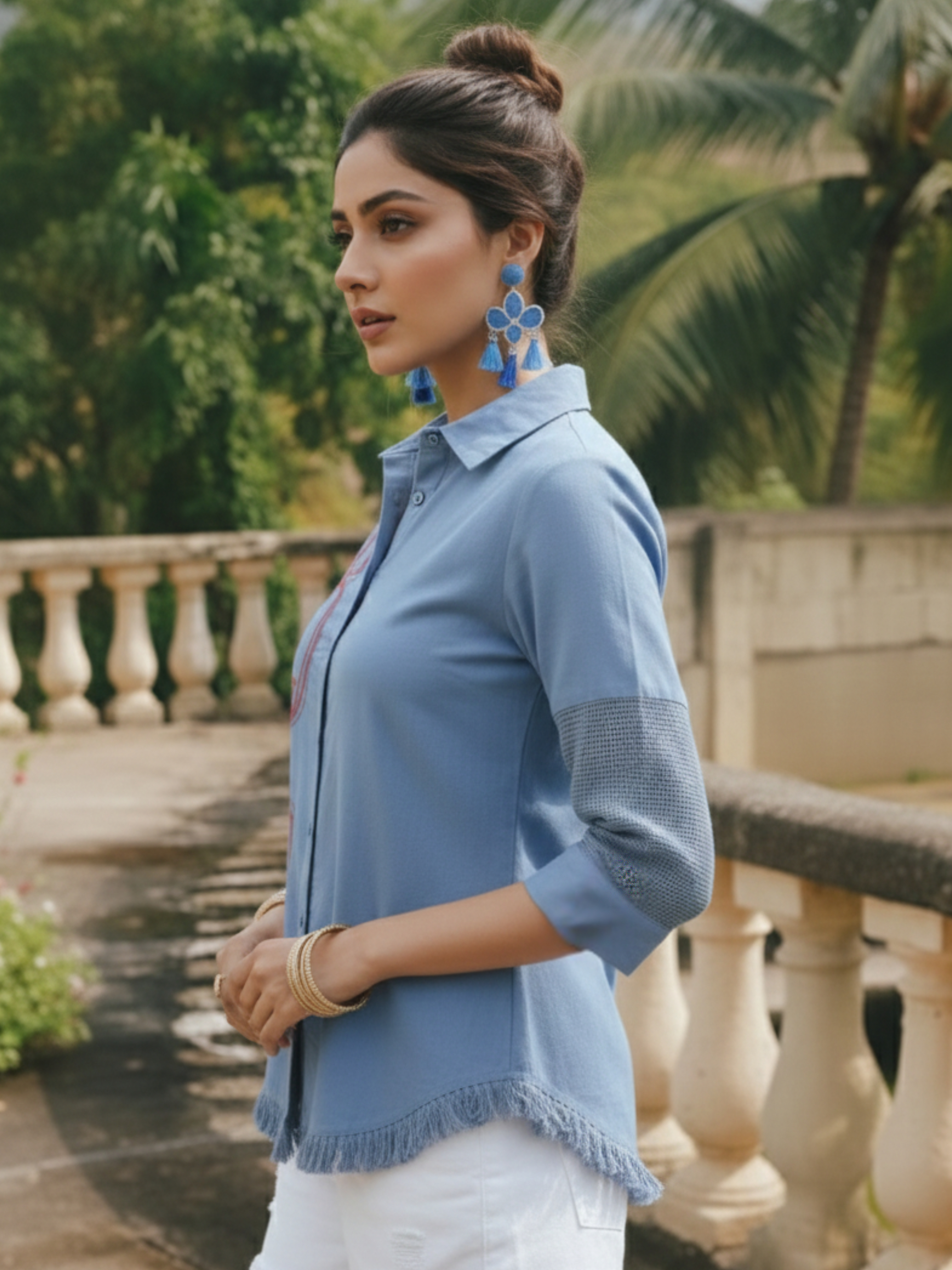 Blue Embroidered Love Shirt with Fringe Hem