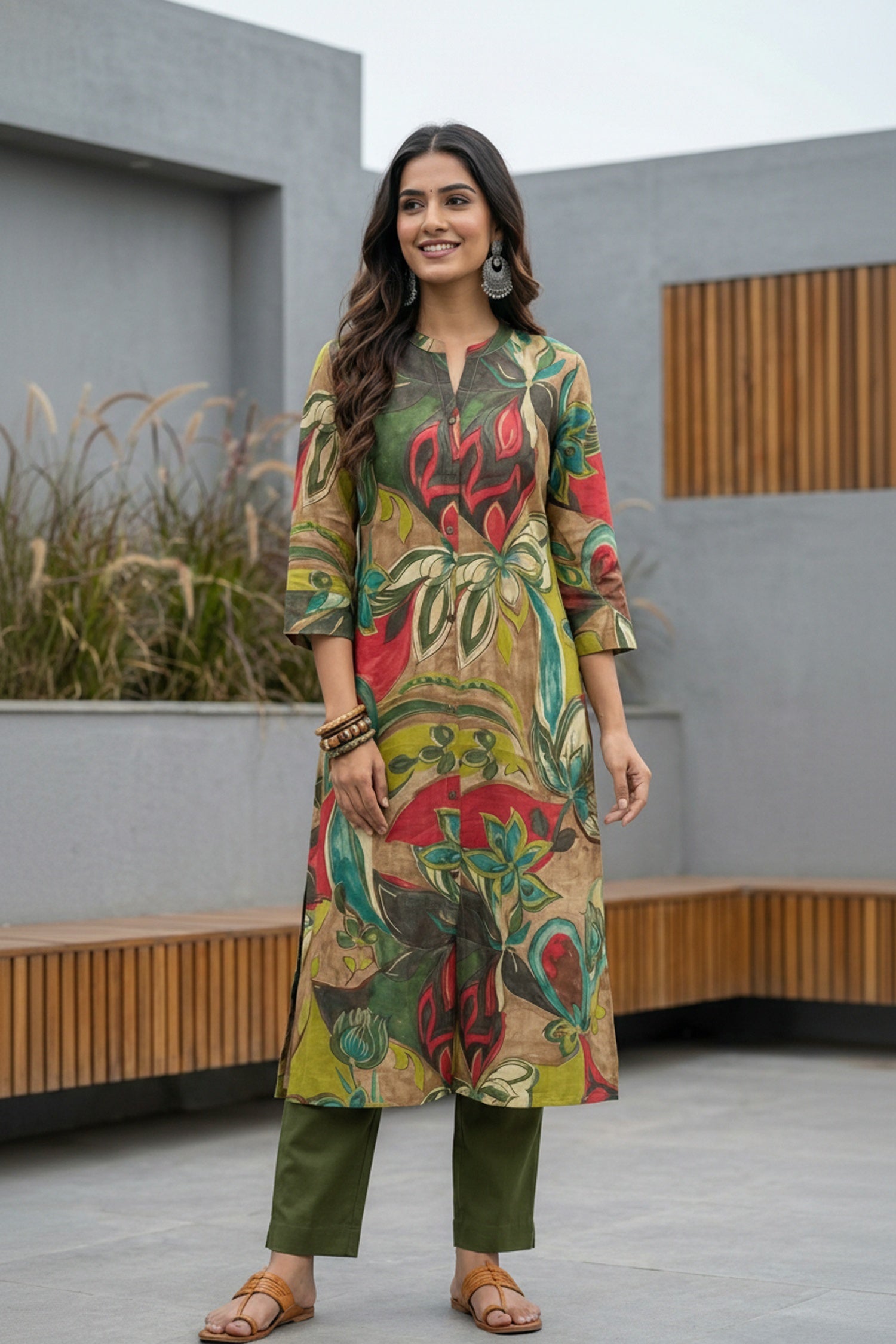 Vibrant Green Artistic Design Cotton Long Kurti