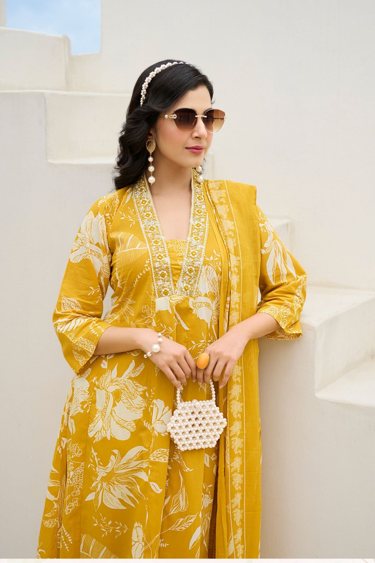Mustard Yellow V-Neck Embroidered Cotton Floral Printed Kurta Palazzo Dupatta Set