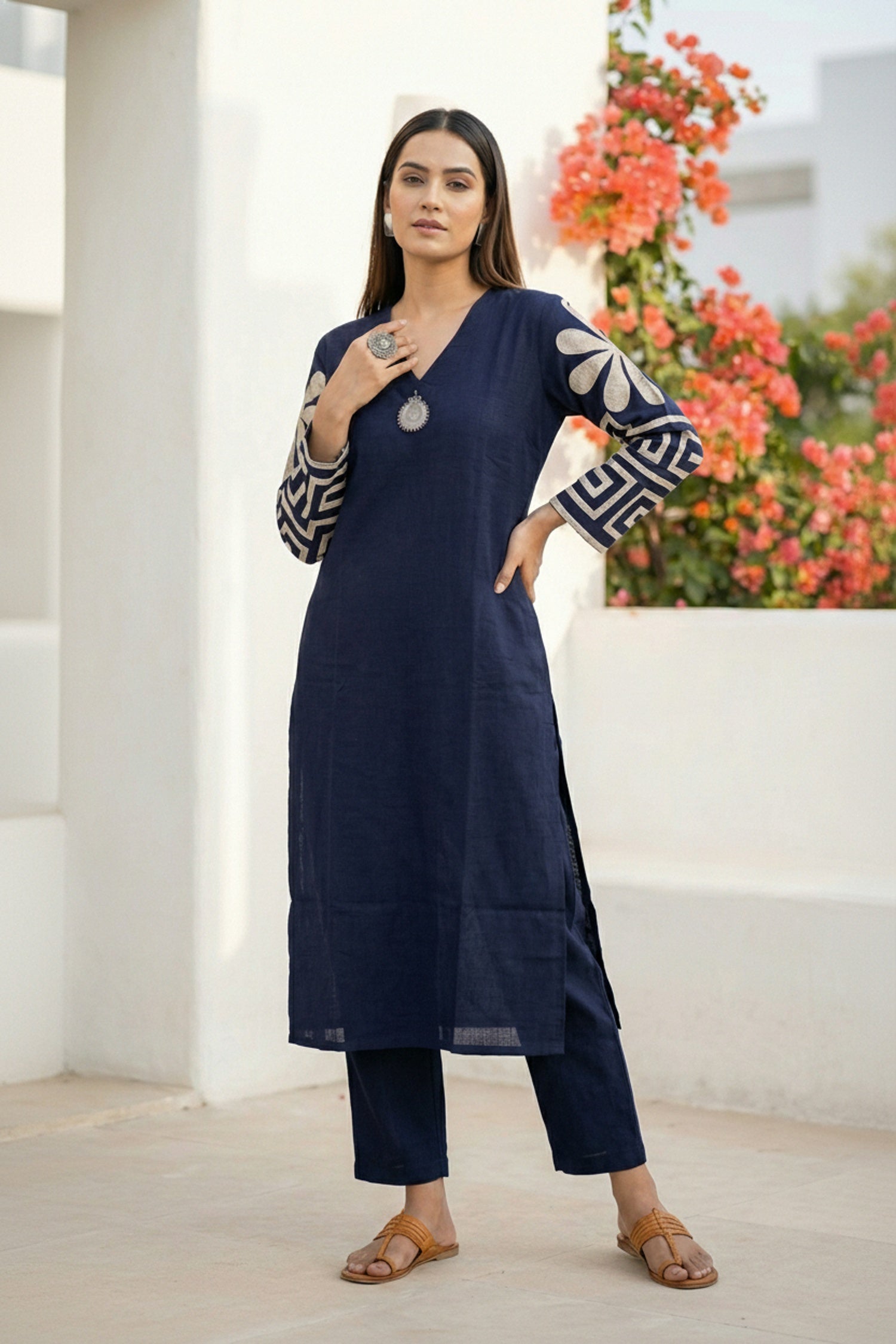 Navy Blue Co-ord Set with Embroidered Sleeves