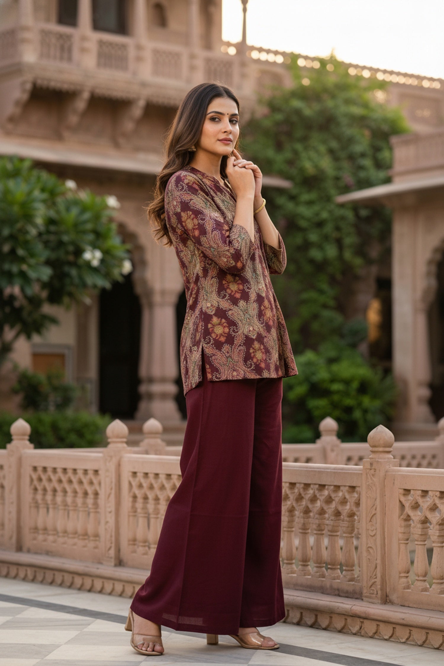 Maroon Printed Top Co-ord Set with Solid Bottom