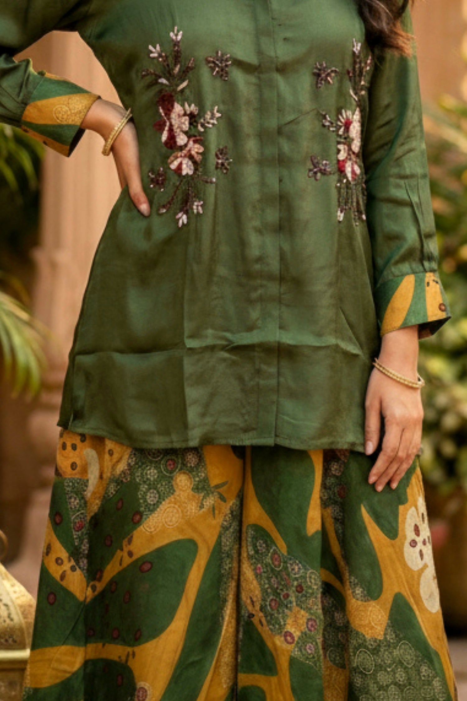 Green Grace Satin Top And Embroidered Cord Set