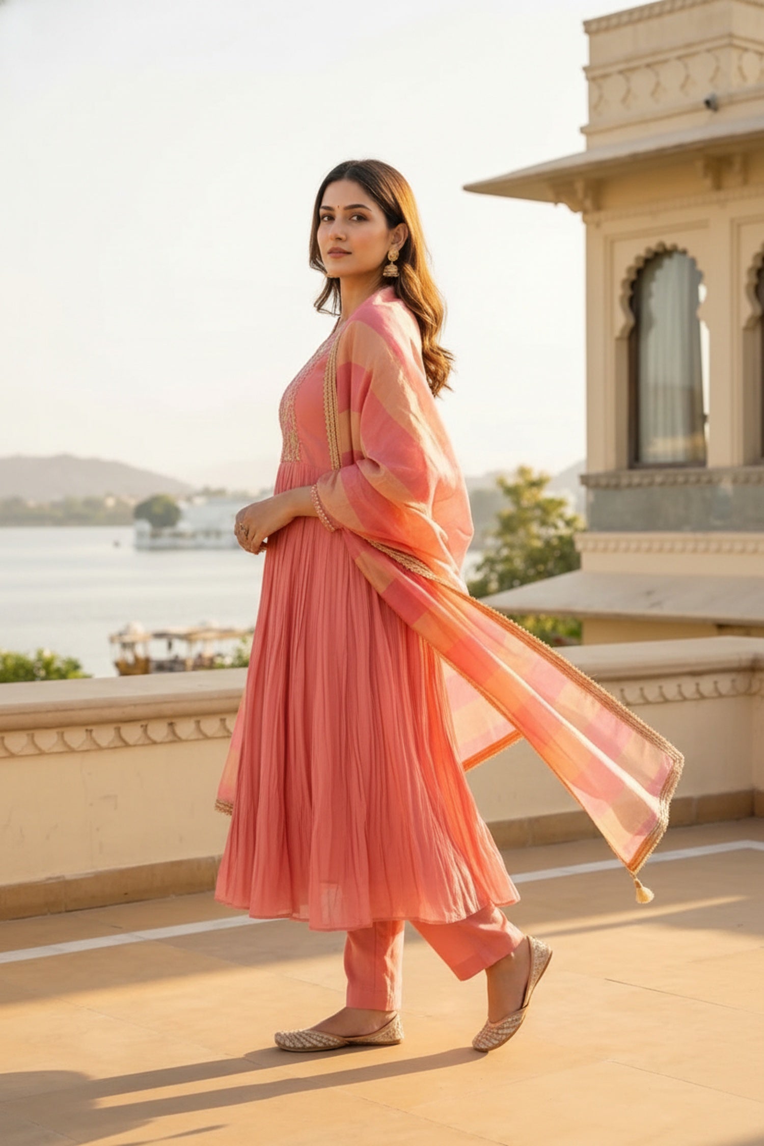 Peach Cotton Three-Piece Set with Thread Embroidery