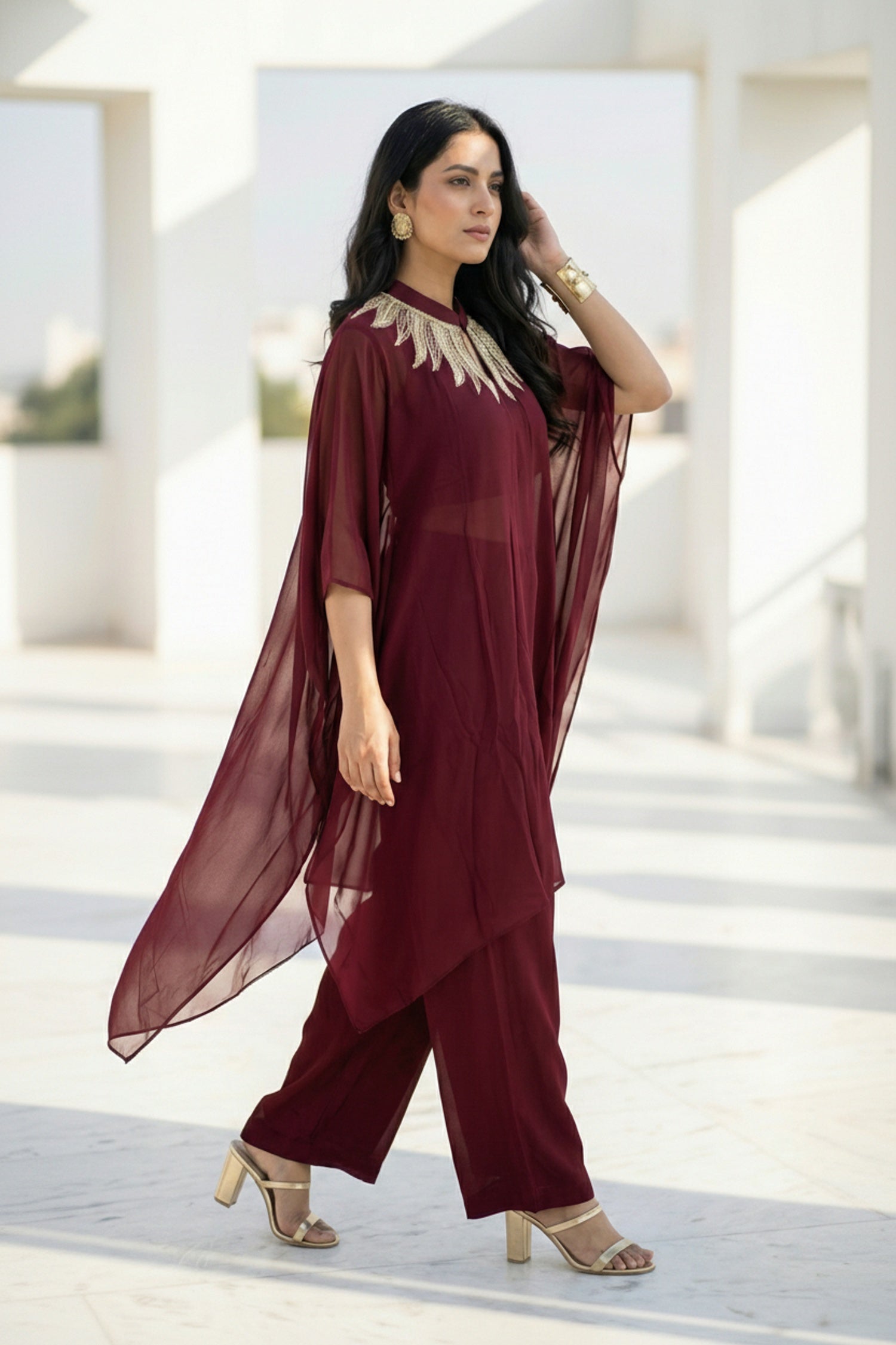 Maroon Charm Embroidered Neck Co-ord Set