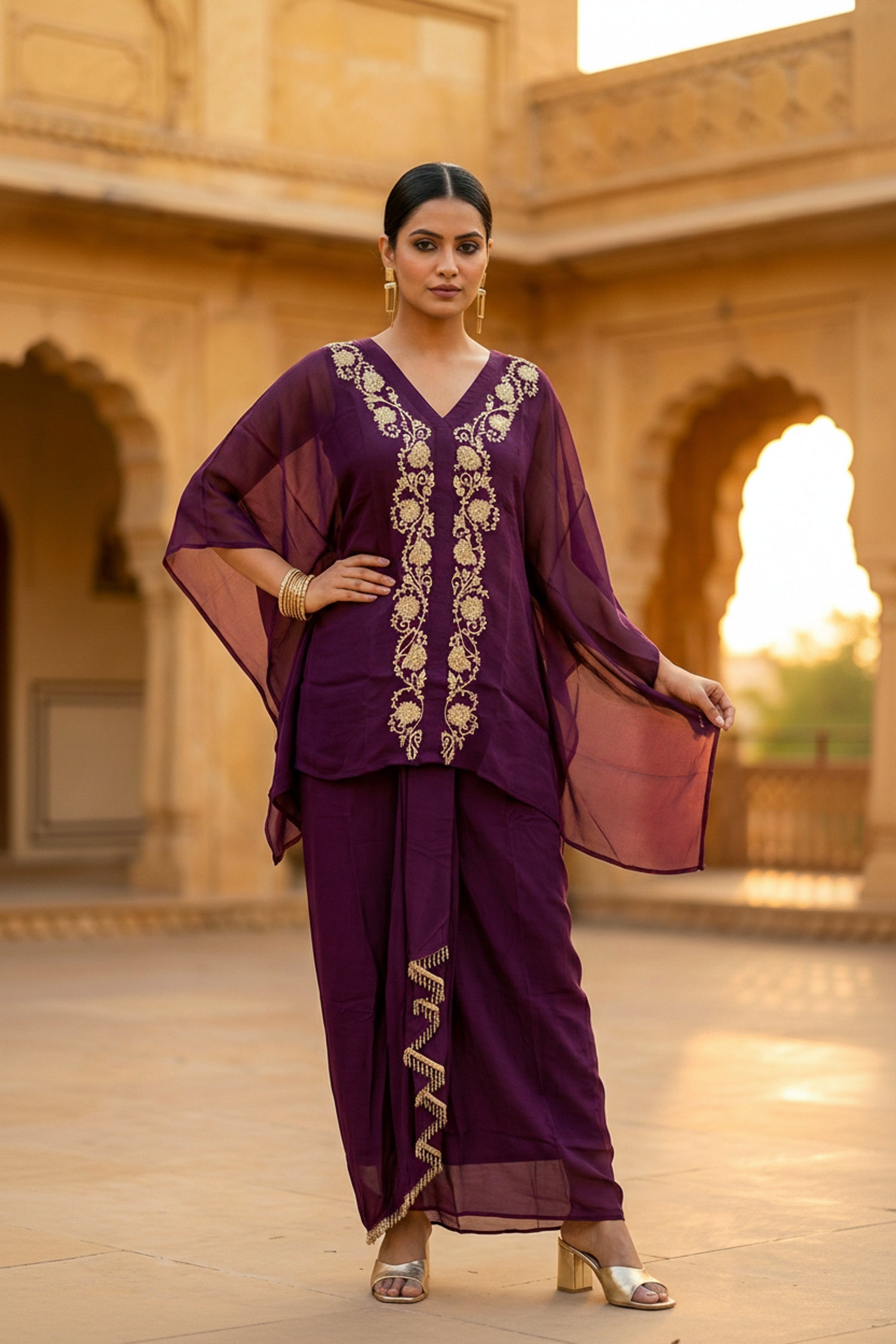 Wine Embroidered Dhoti Style Co-ord Set
