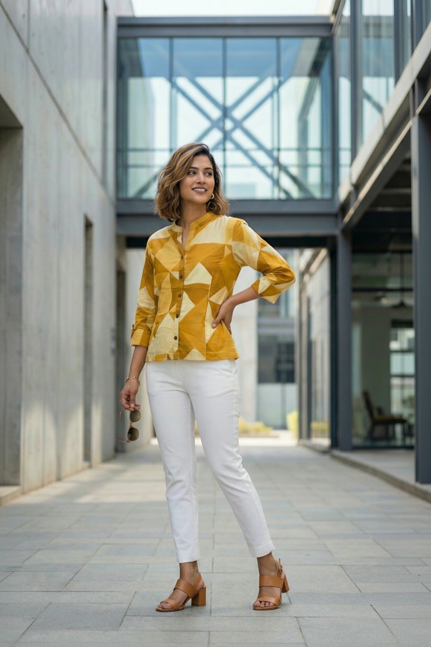 Yellow Bold Checks Cotton Short Kurti Top