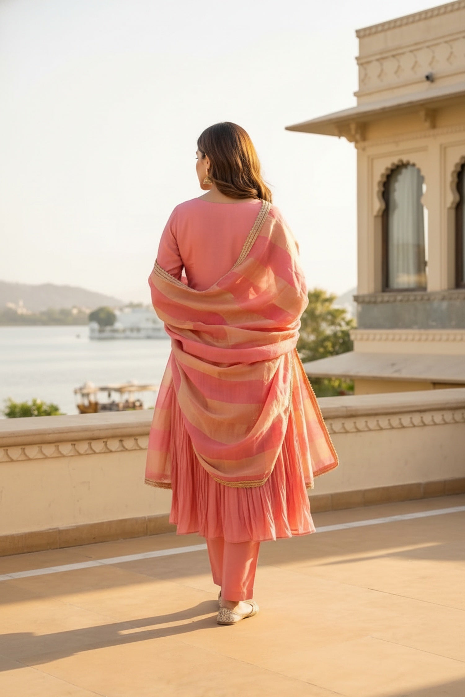 Peach Cotton Three-Piece Set with Thread Embroidery