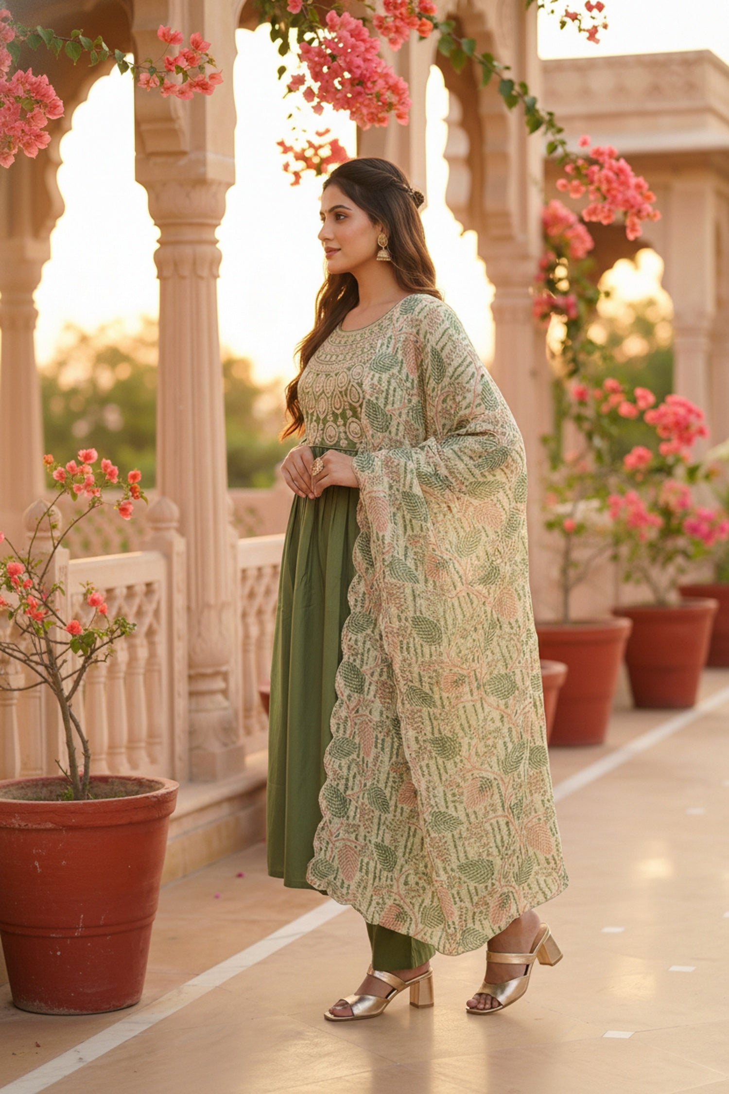 Green Embroidered Kurta Set with Tissue Silk Dupatta