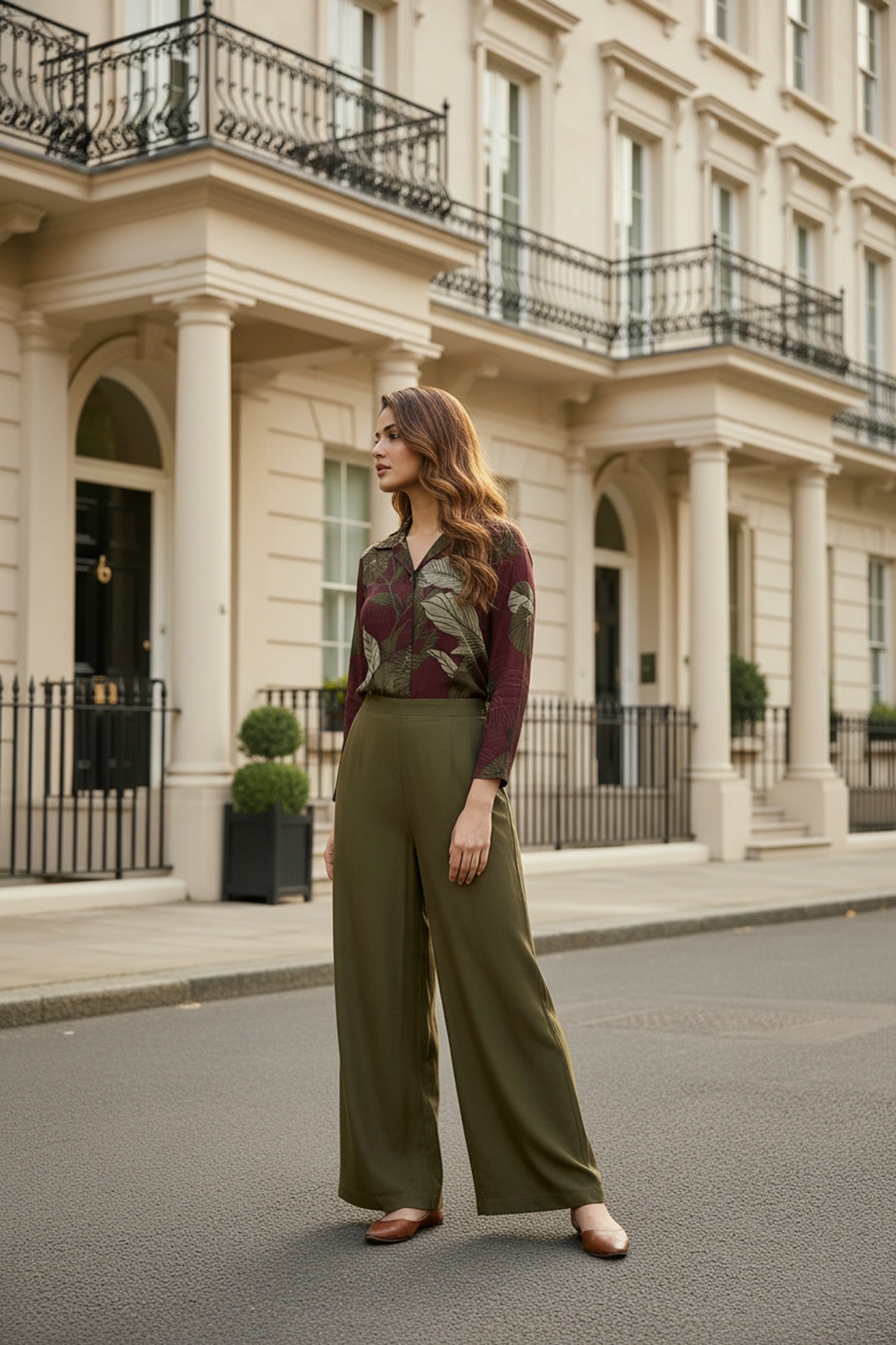 Maroon Floral & Leaf Printed Co-ord Set with Solid Pants