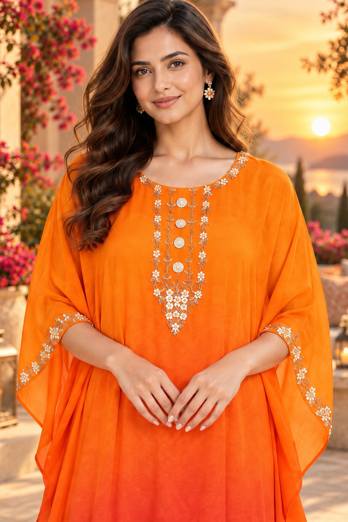 Orange Ombre Crepe Long Kaftan