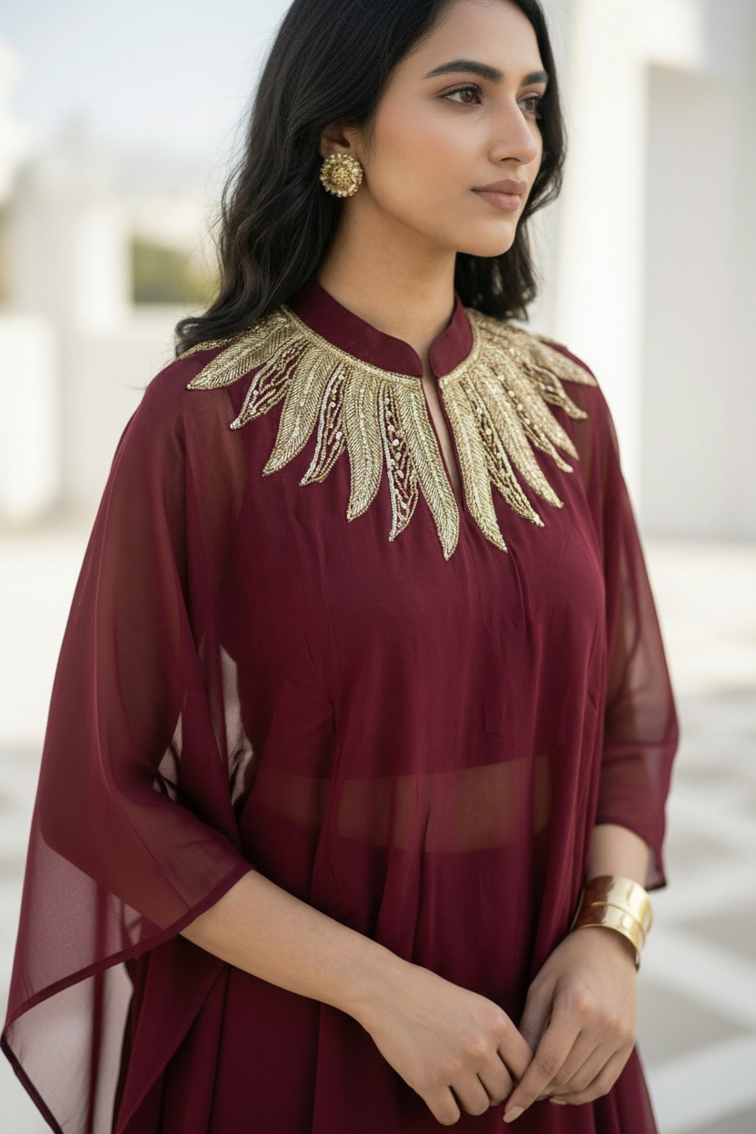 Maroon Charm Embroidered Neck Co-ord Set