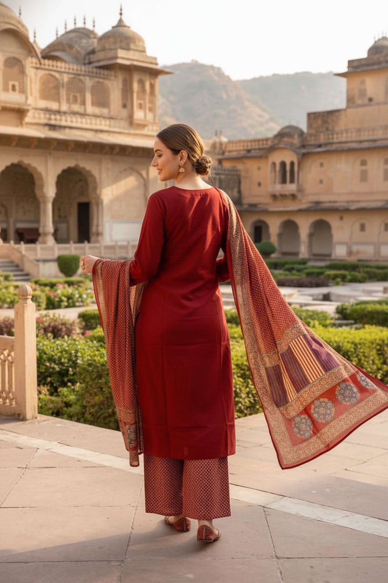 Rust Cotton Three-Piece Set with Modern Print