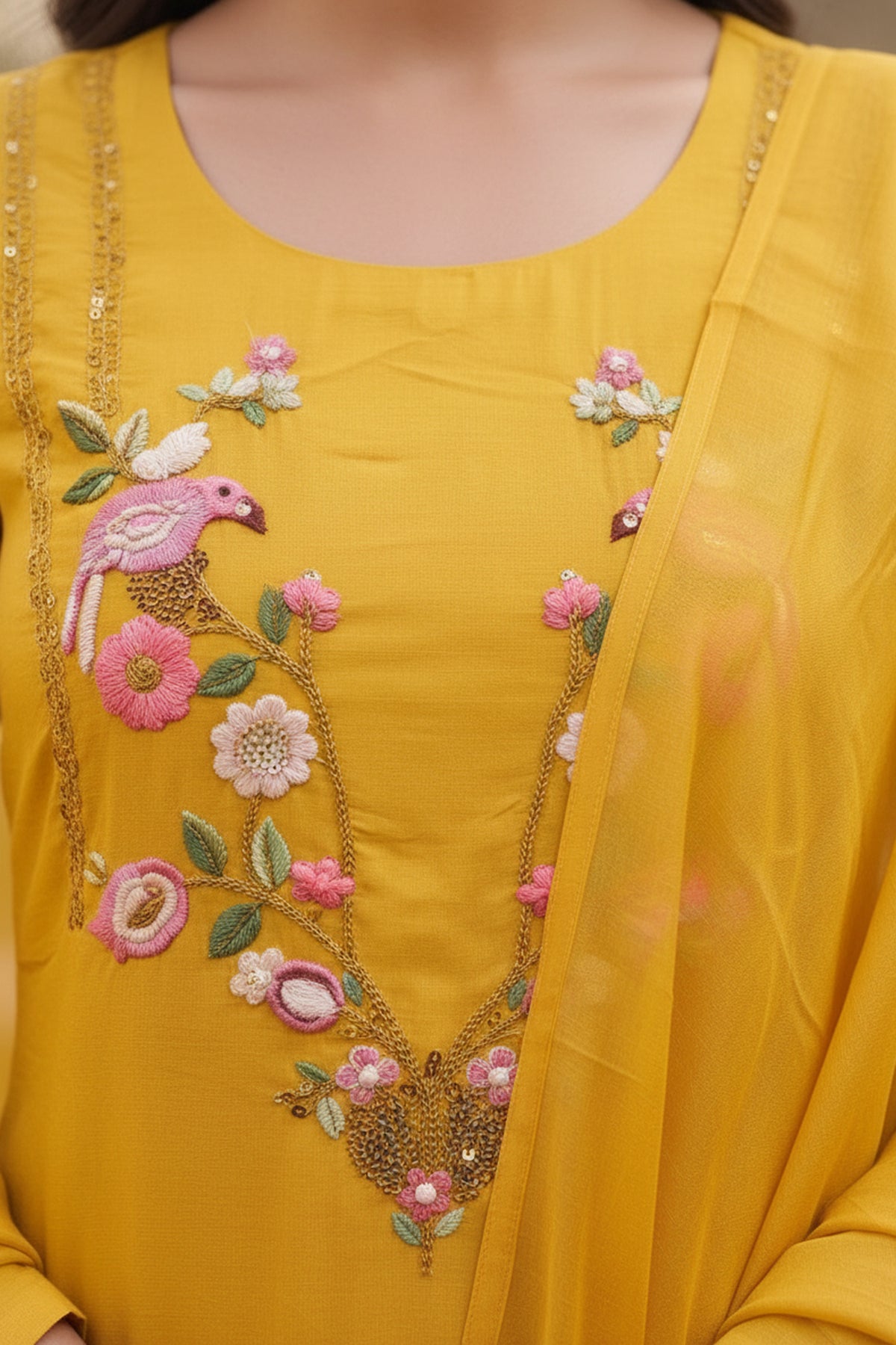 Mustard Yellow Floral Embroidered Suit Set