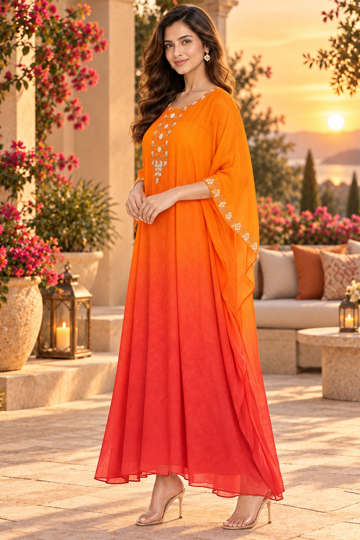 Orange Ombre Crepe Long Kaftan