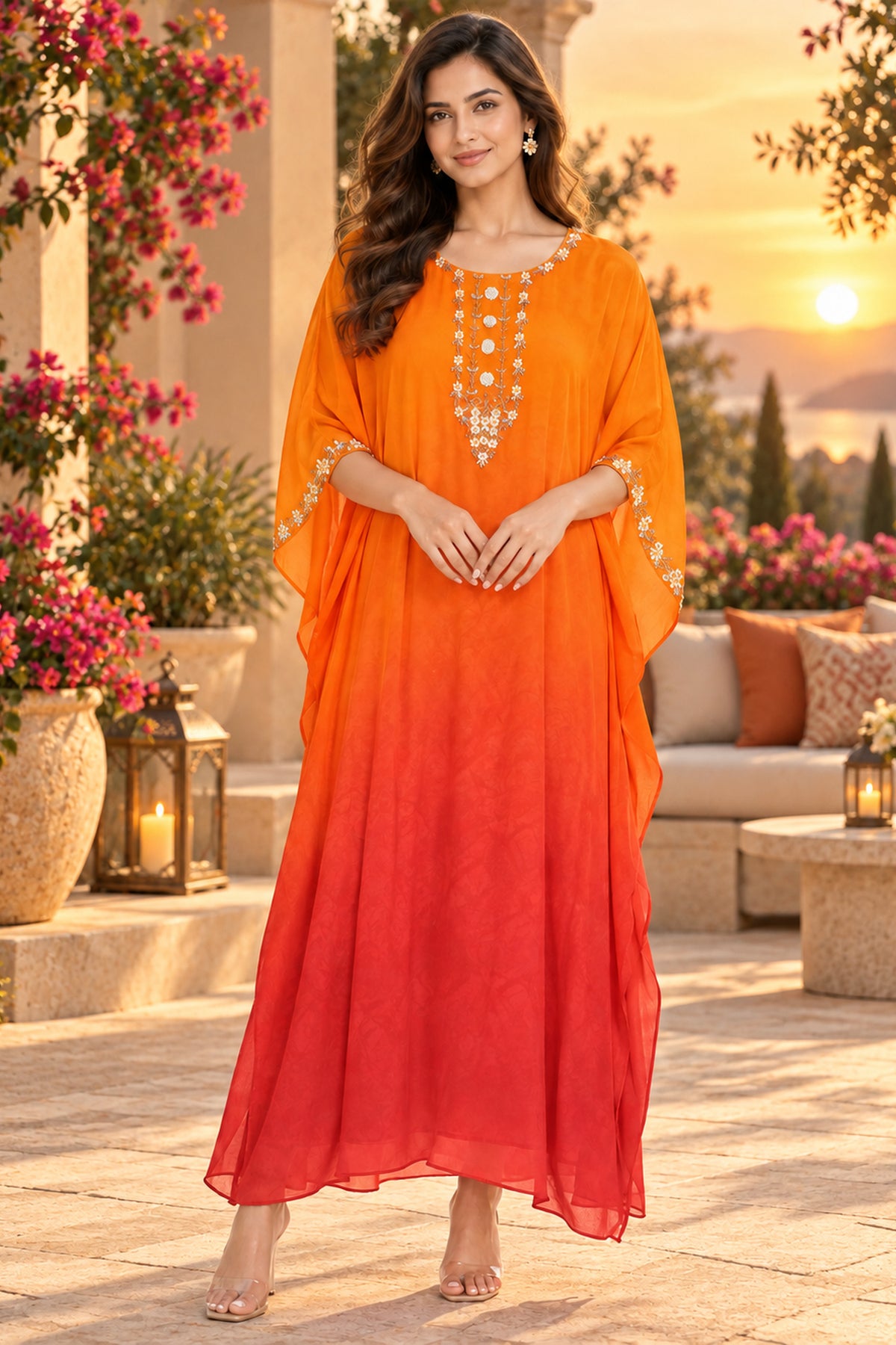 Orange Ombre Crepe Long Kaftan