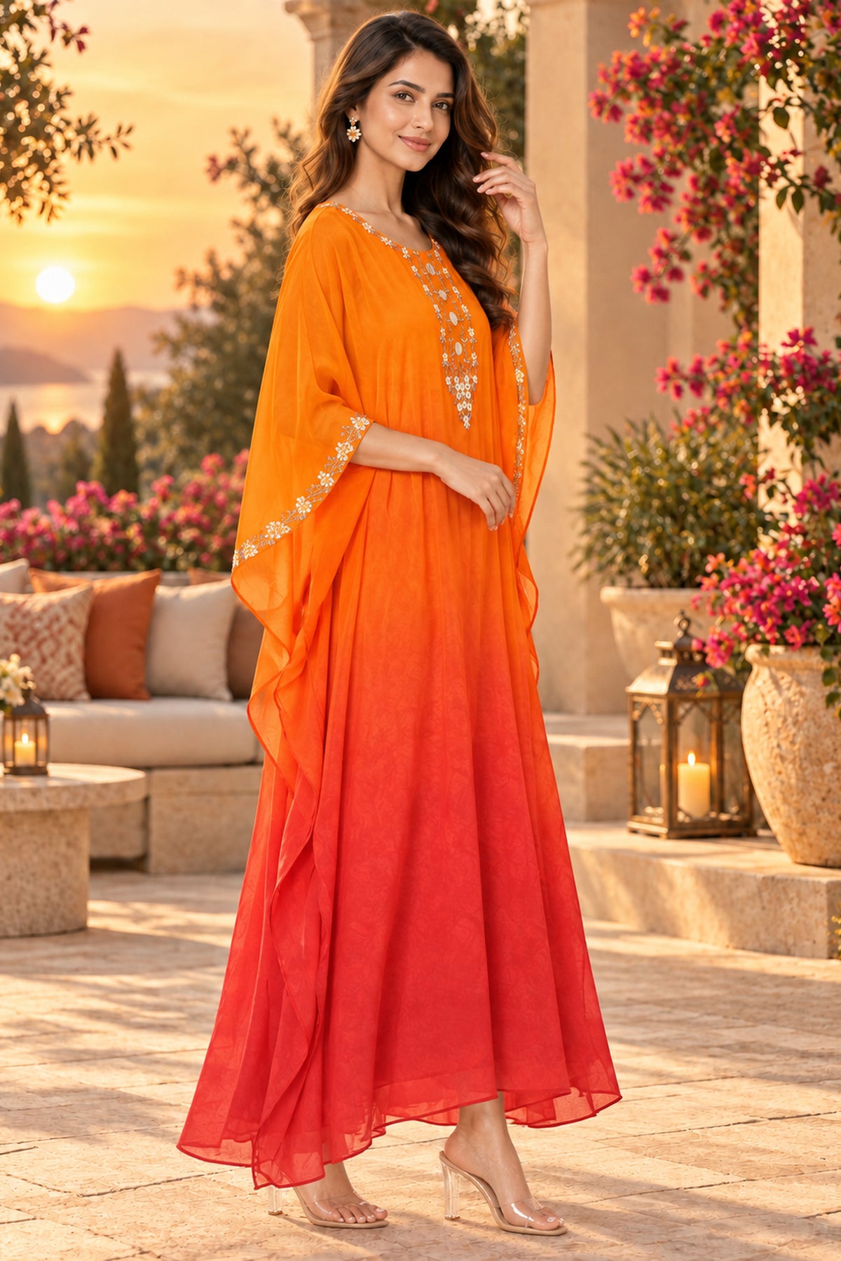 Orange Ombre Crepe Long Kaftan