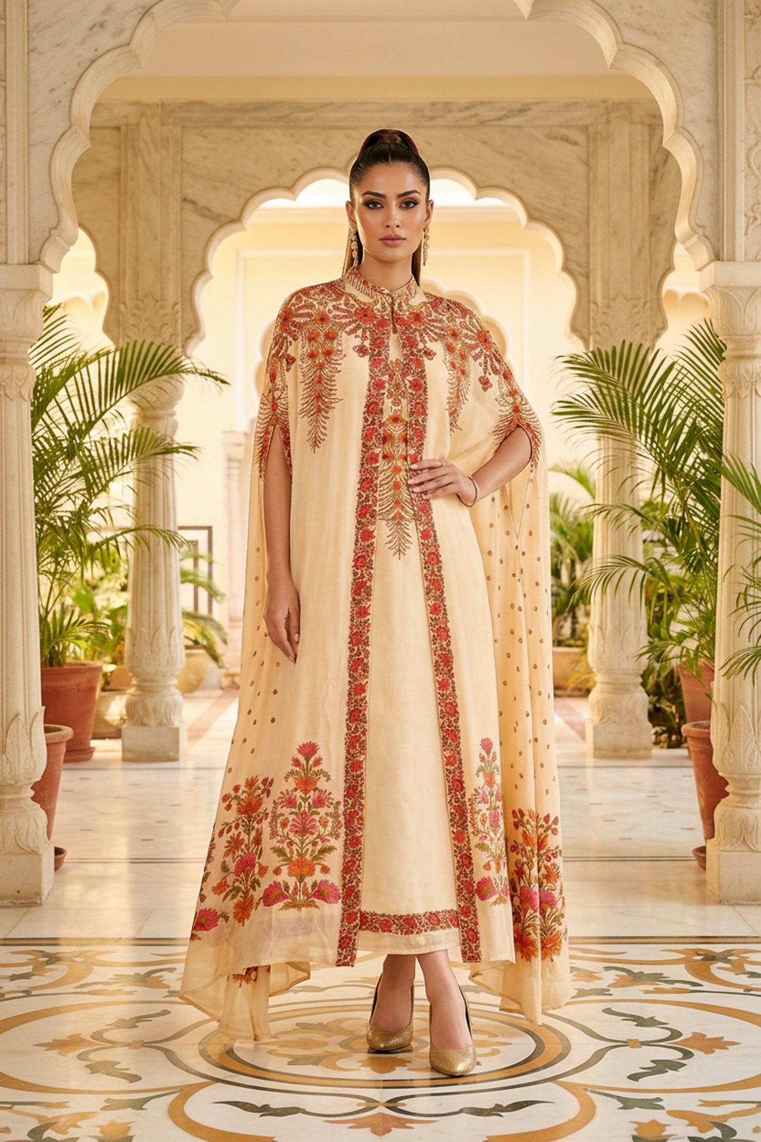 Cream Chinon Kaftan Set with Embroidered Jacket