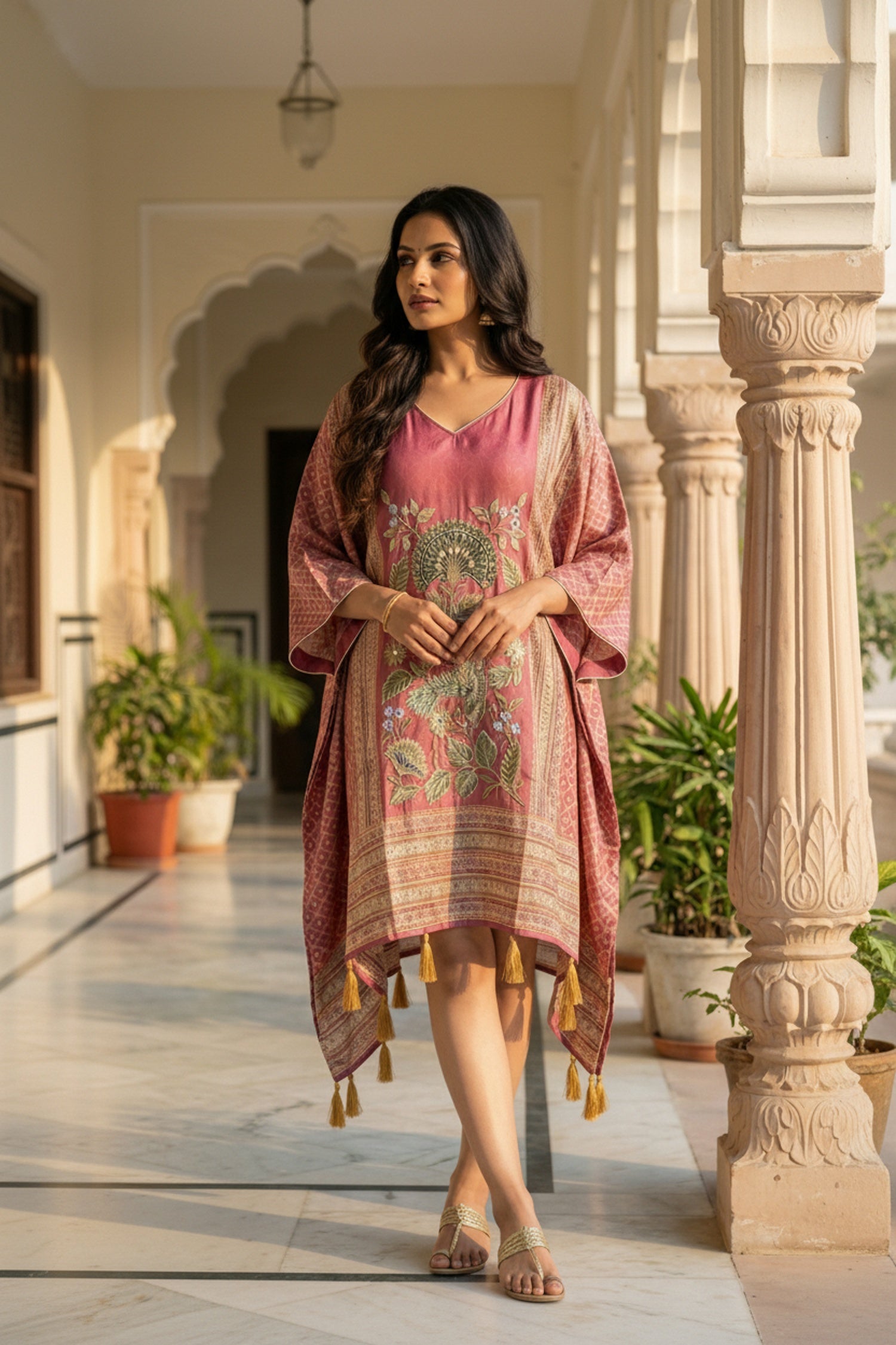 Burgundy Printed Viscose Short Kaftan