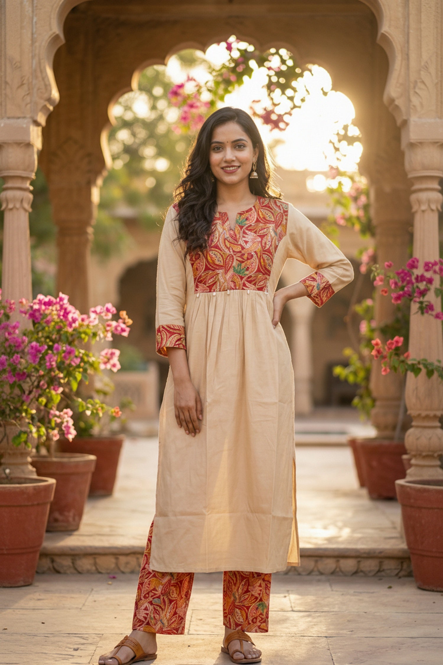 Beige Printed Cotton Co-ord Set