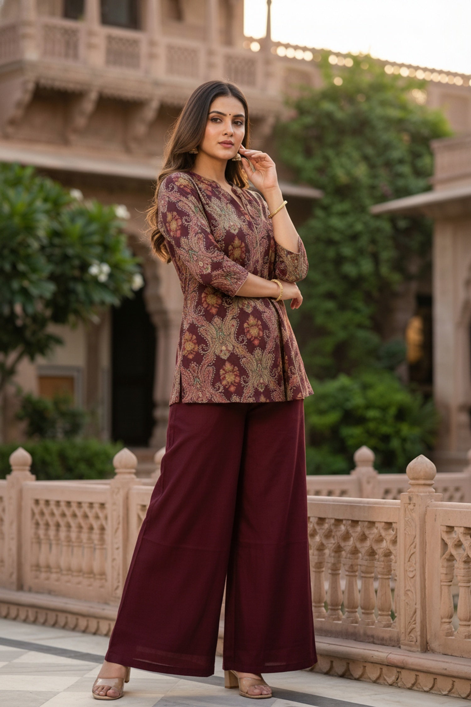 Maroon Printed Top Co-ord Set with Solid Bottom