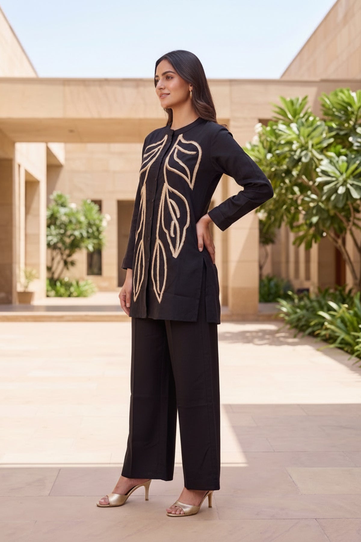 Black Embroidered Cotton Coord Set