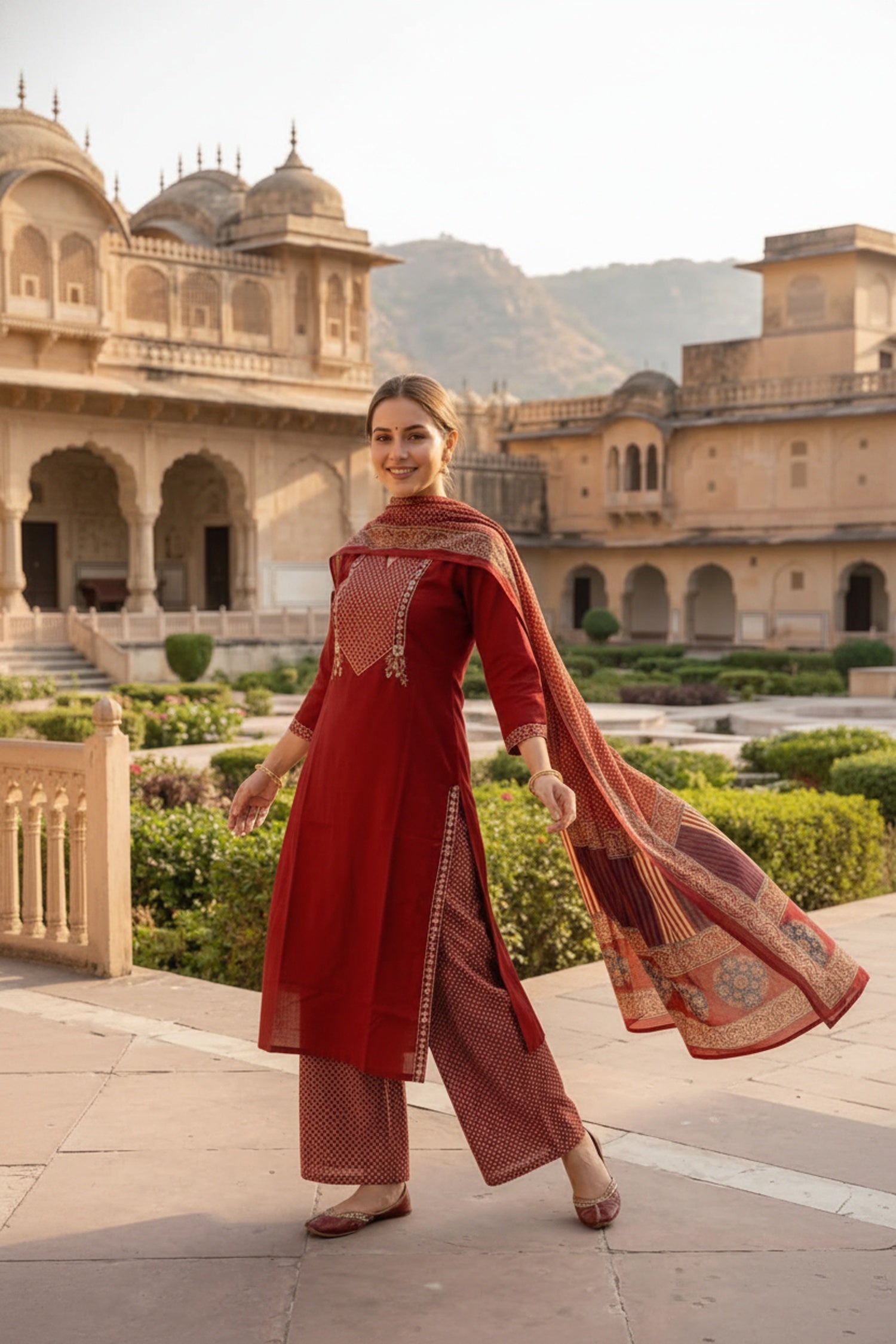 Rust Cotton Three-Piece Set with Modern Print