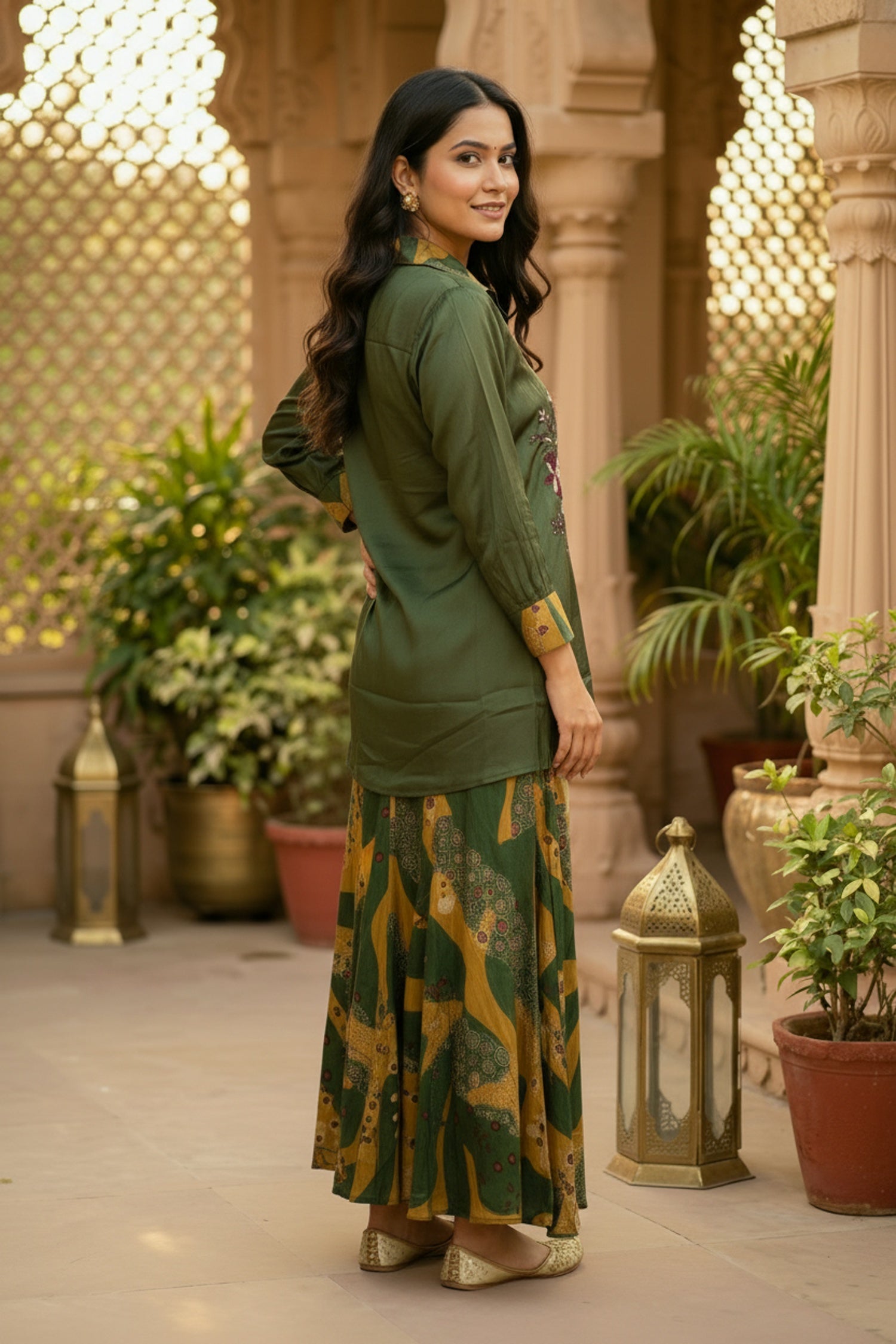 Green Grace Satin Top And Embroidered Cord Set